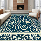 Cream Swirls Geometric Navy Framed Rug