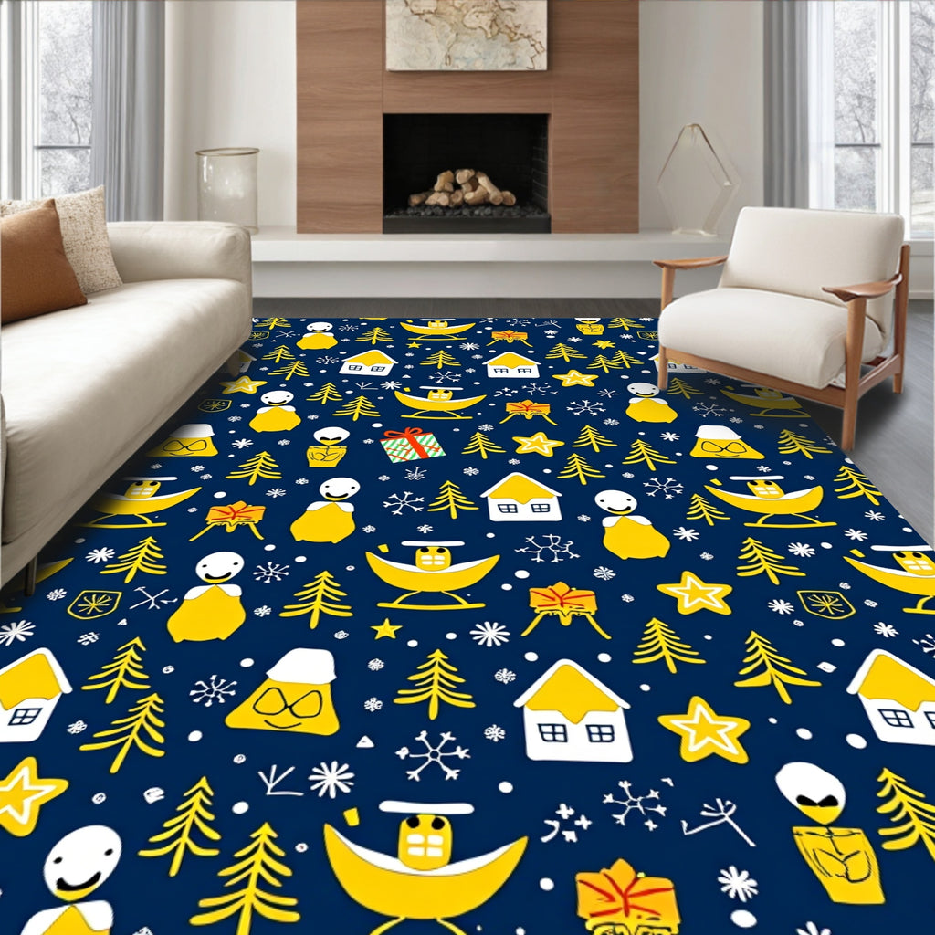 Yellow Christmas Houses Trees Stars Snowflakes Rug
