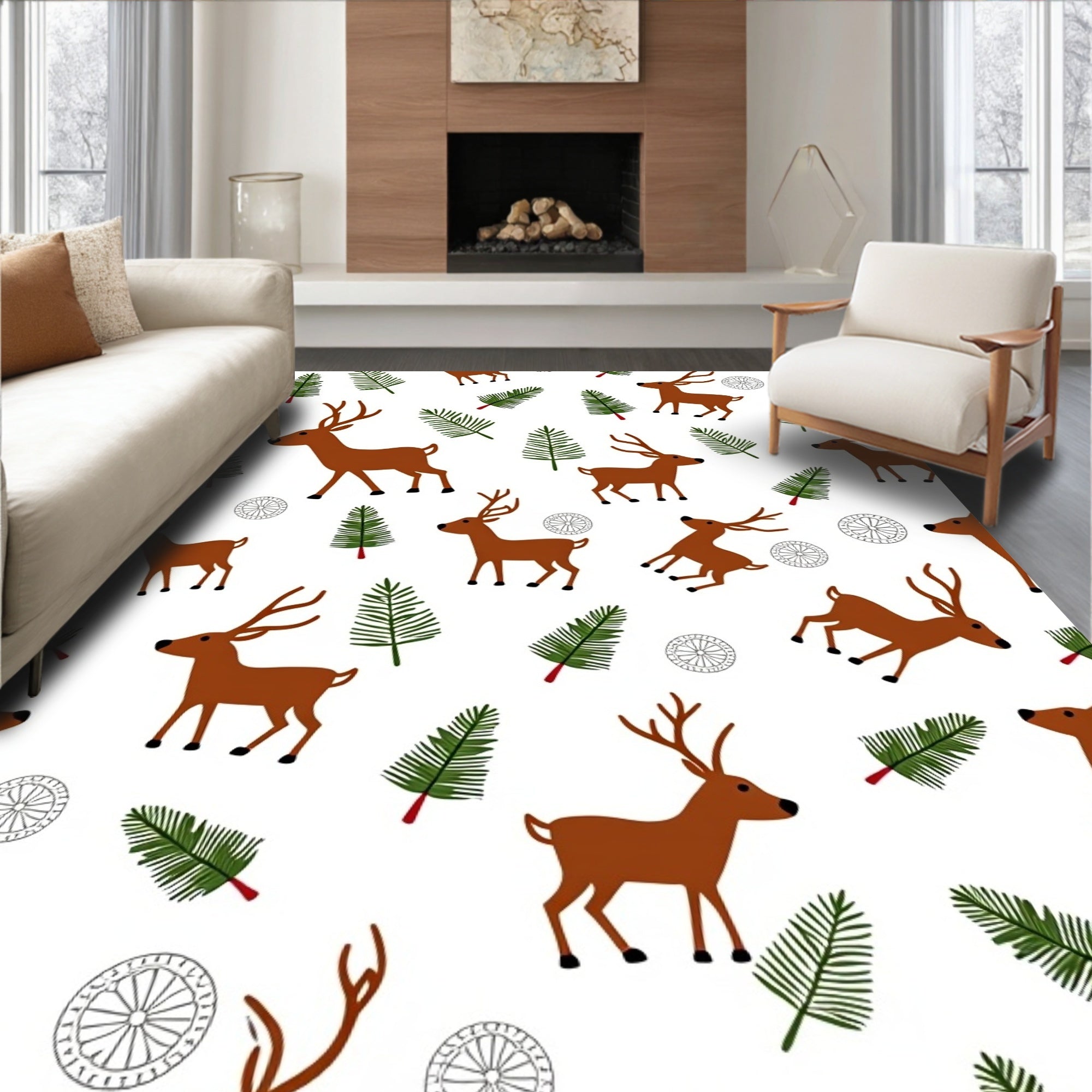 Woodland Brown Deer Pine Forest Whimsical Rug