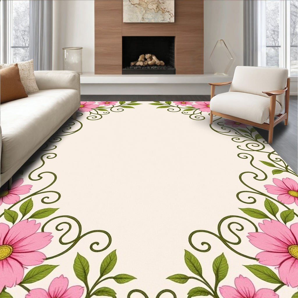 Vibrant Pink Daisy Swirl Border Rug