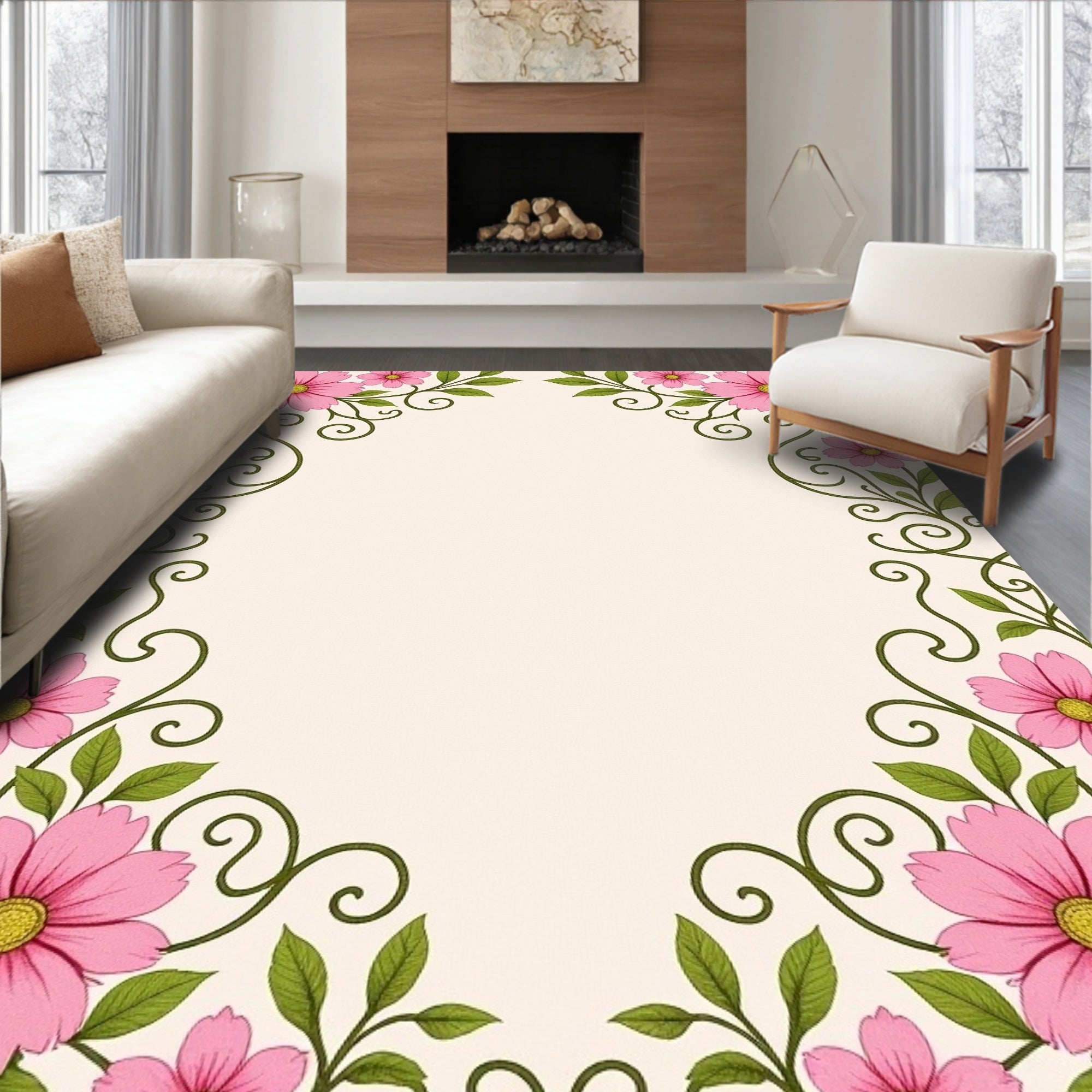 Vibrant Pink Daisy Swirl Border Rug