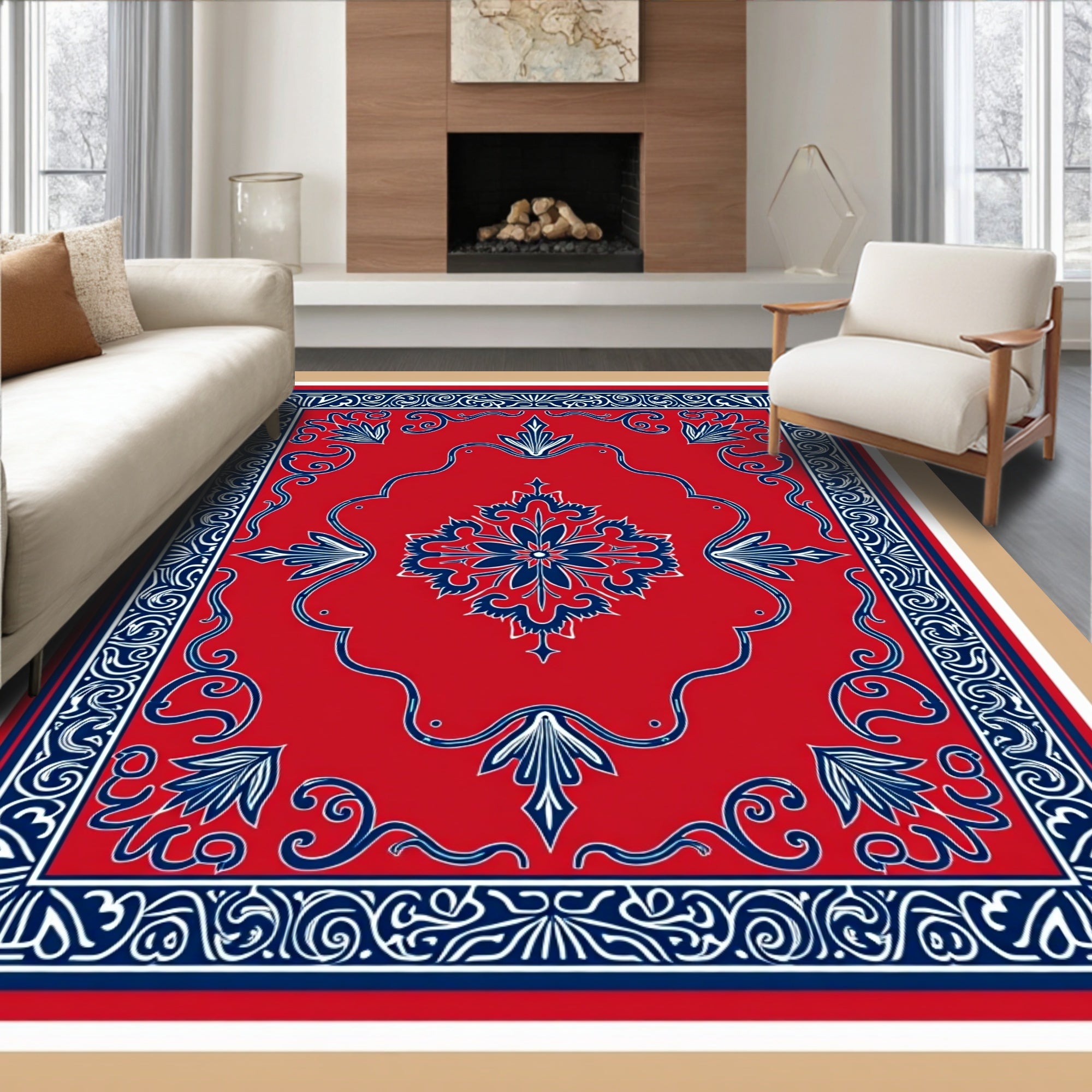 Crimson And Navy Floral Medallion Rug