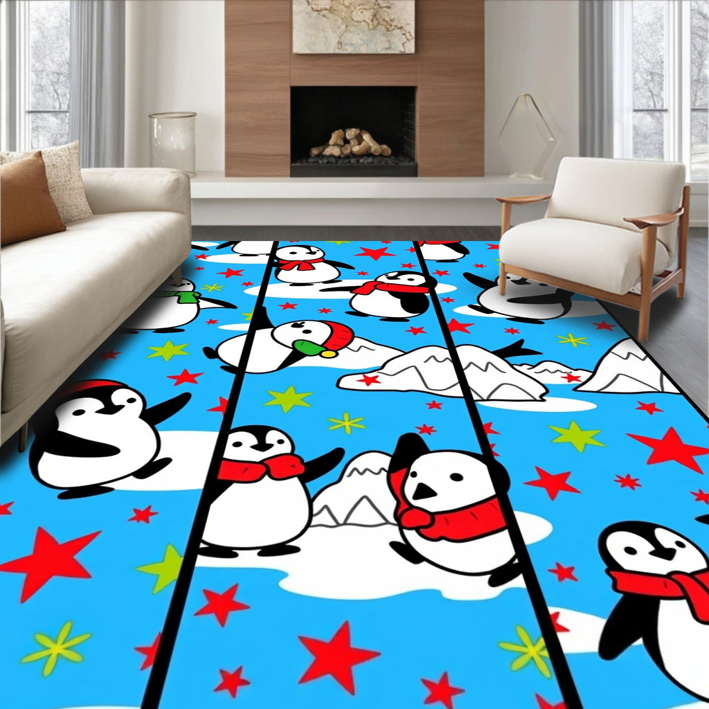 Playful Penguin Winter Scarf Stars Rug