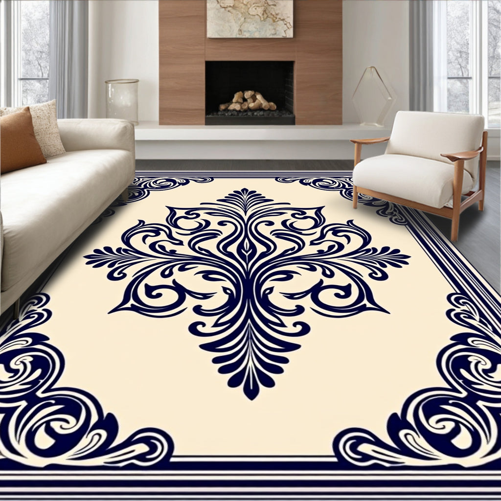 Navy Blue Floral Damask Scroll Rug