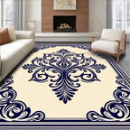 Navy Blue Floral Damask Scroll Rug