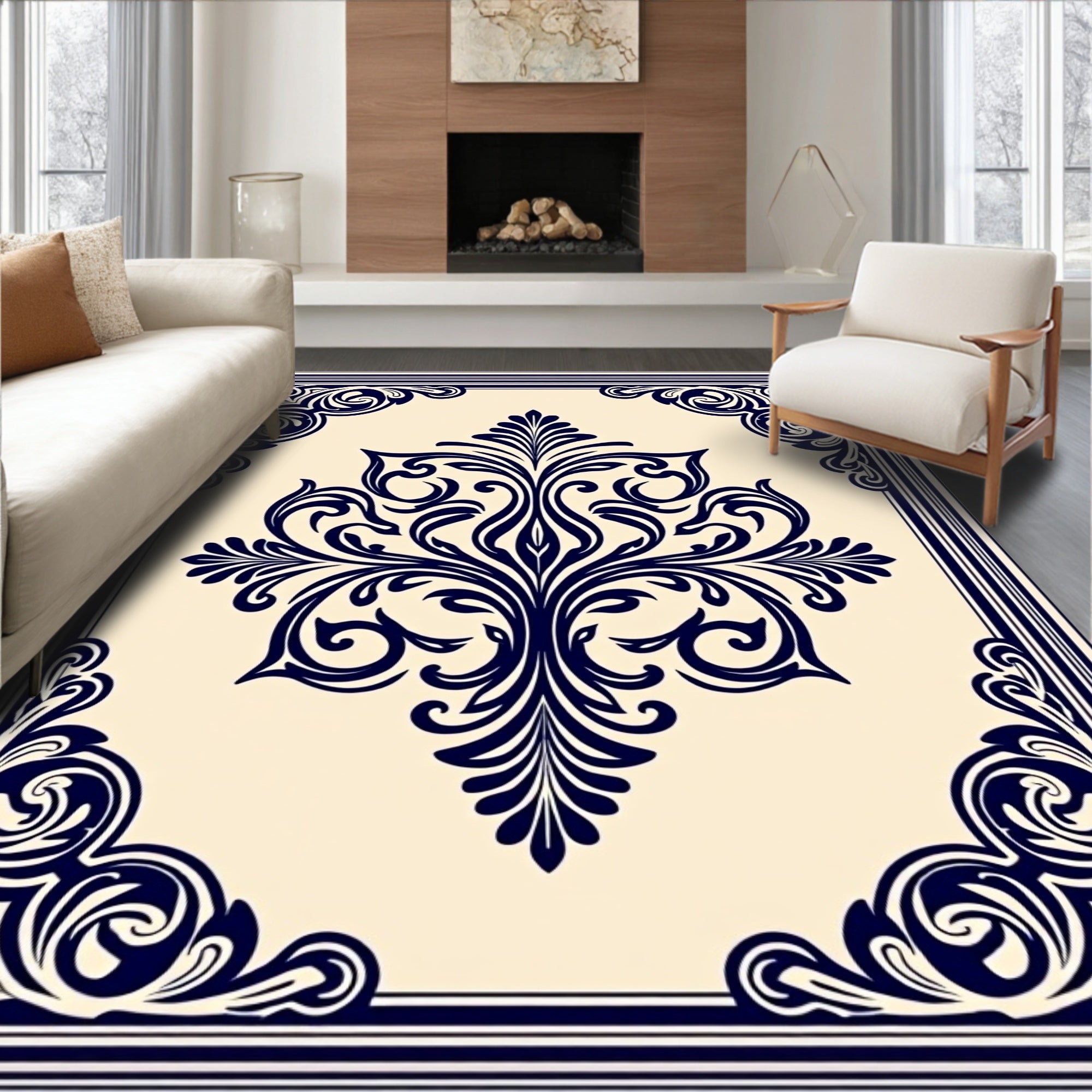 Navy Blue Floral Damask Scroll Rug