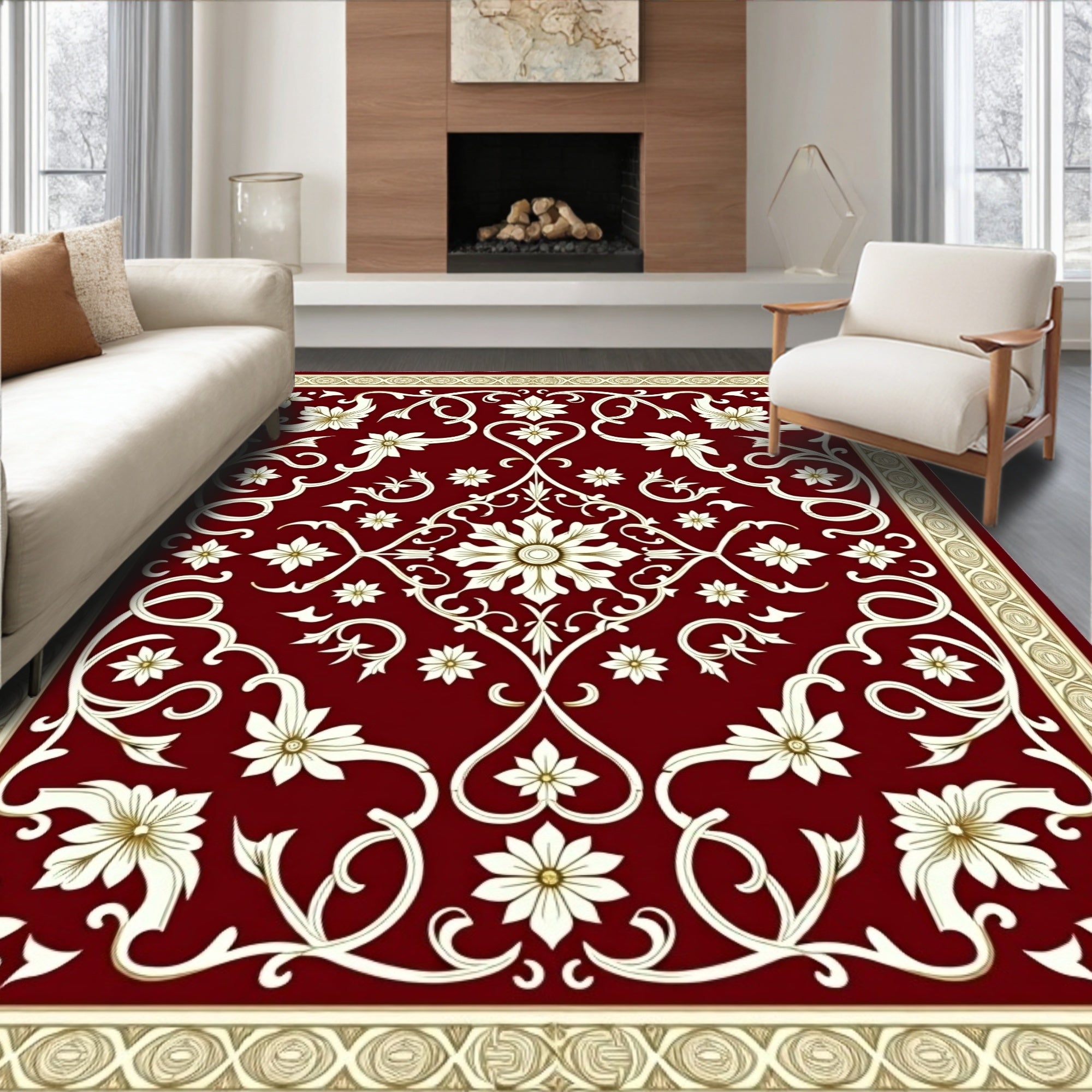 Crimson Ivory Vintage Floral Scroll Rug
