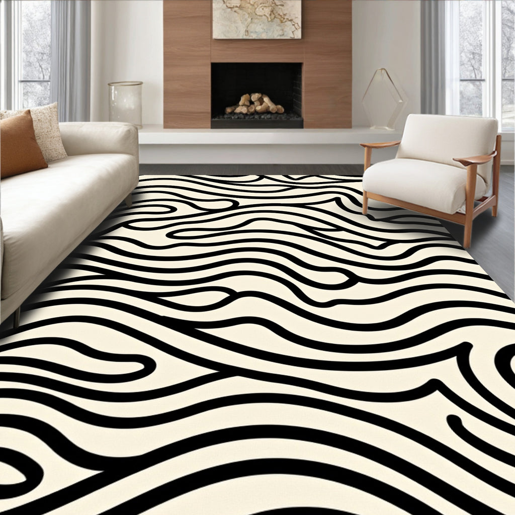 Cream Black Abstract Swirl Waves Rug