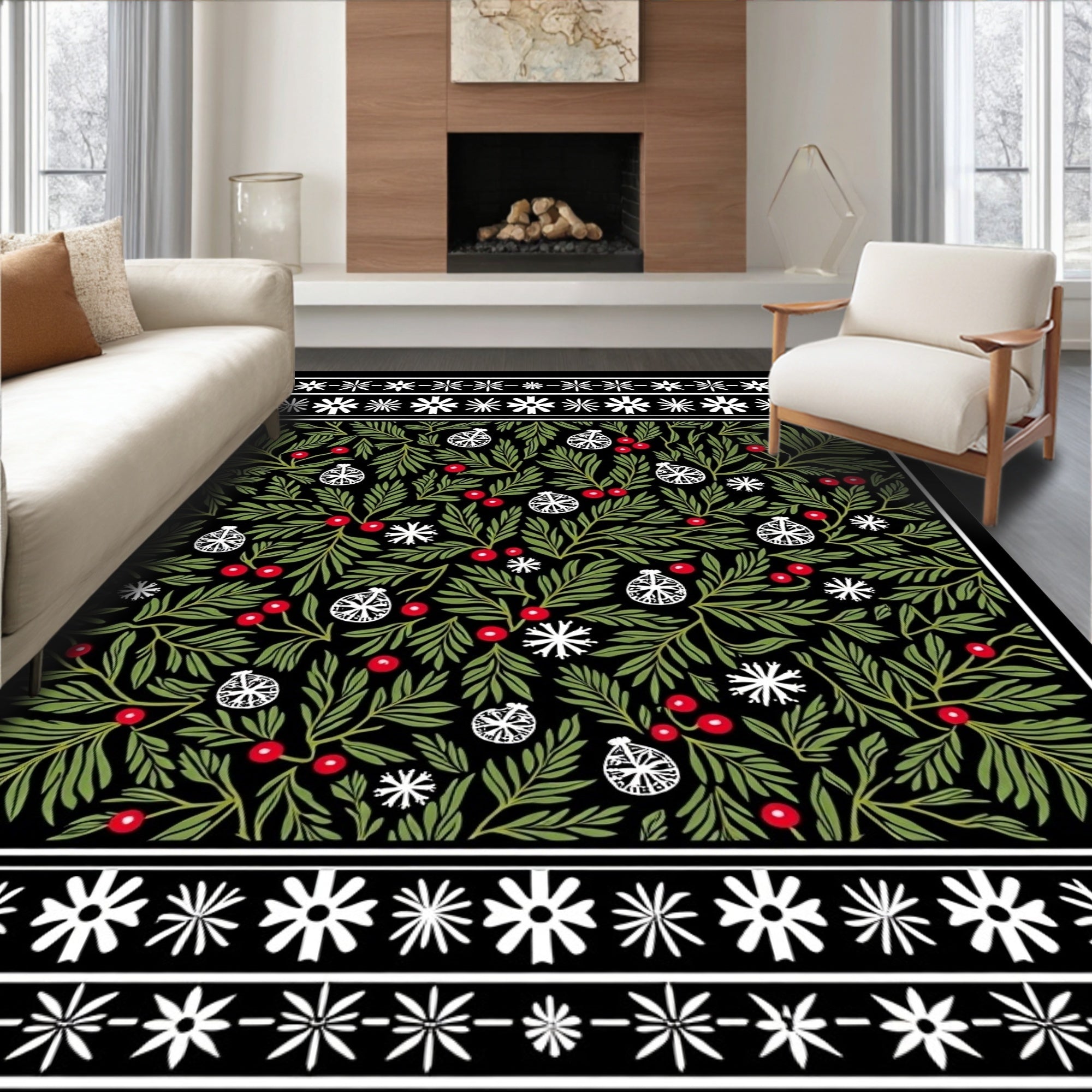Green Berry Red Ornament Floral Rug