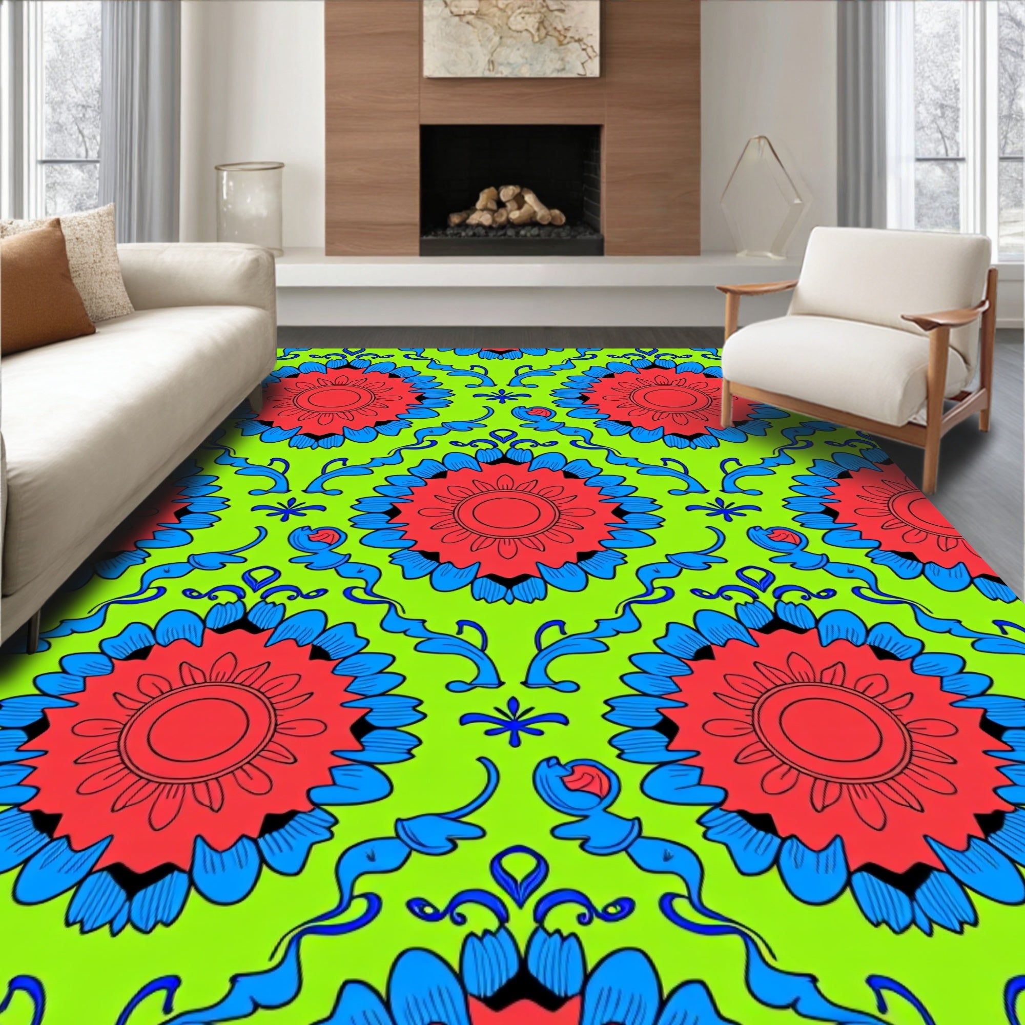 Vibrant Red Blue Floral Swirl Rug