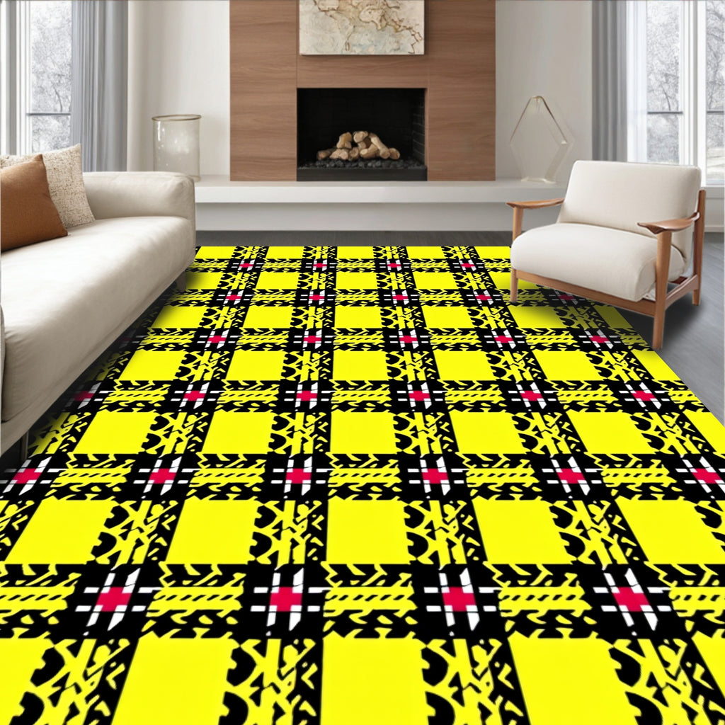 Vibrant Yellow Black Plaid Motif Rug