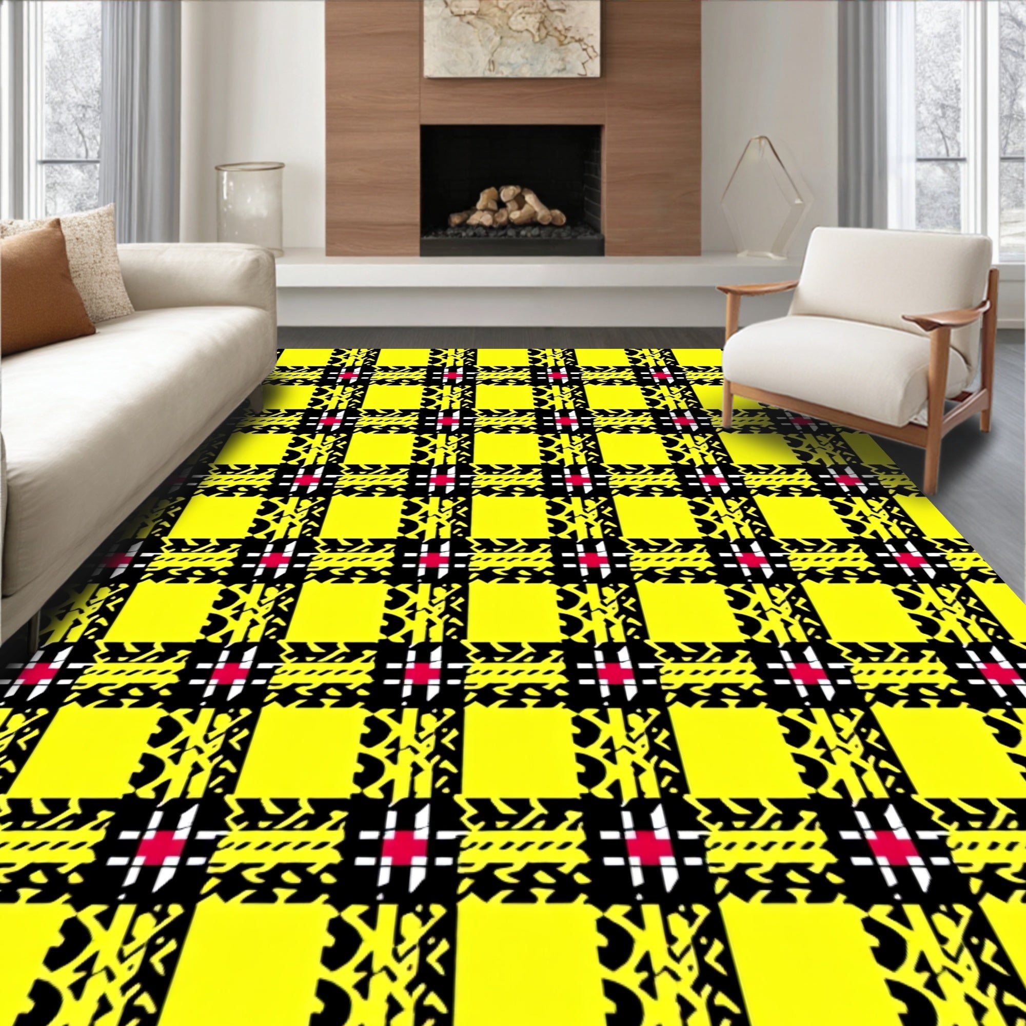Vibrant Yellow Black Plaid Motif Rug