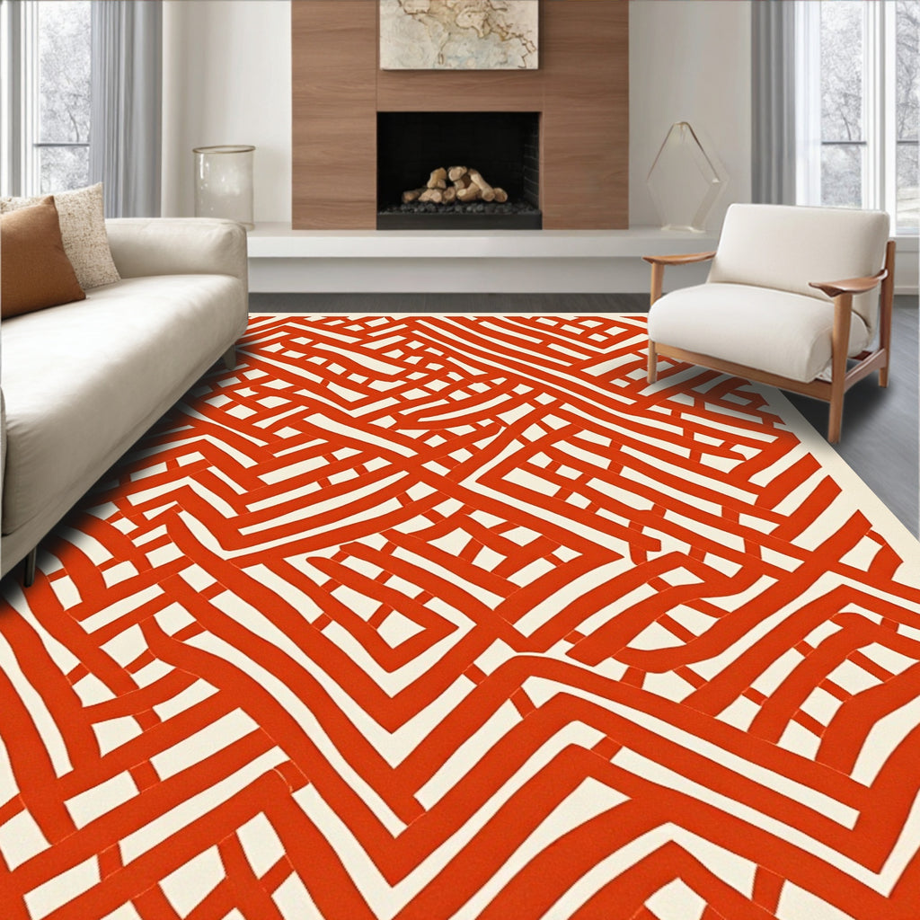 Crimson Abstract Maze Lines Rug