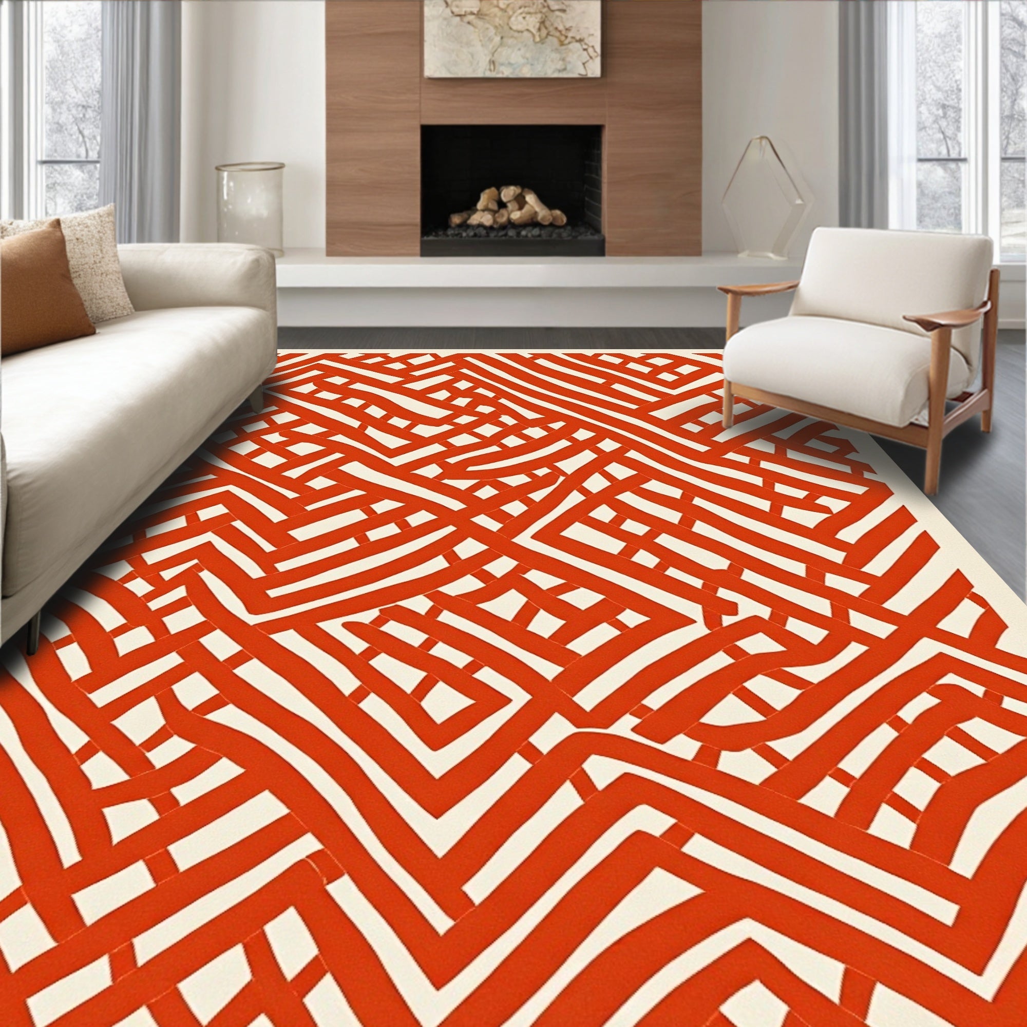 Crimson Abstract Maze Lines Rug