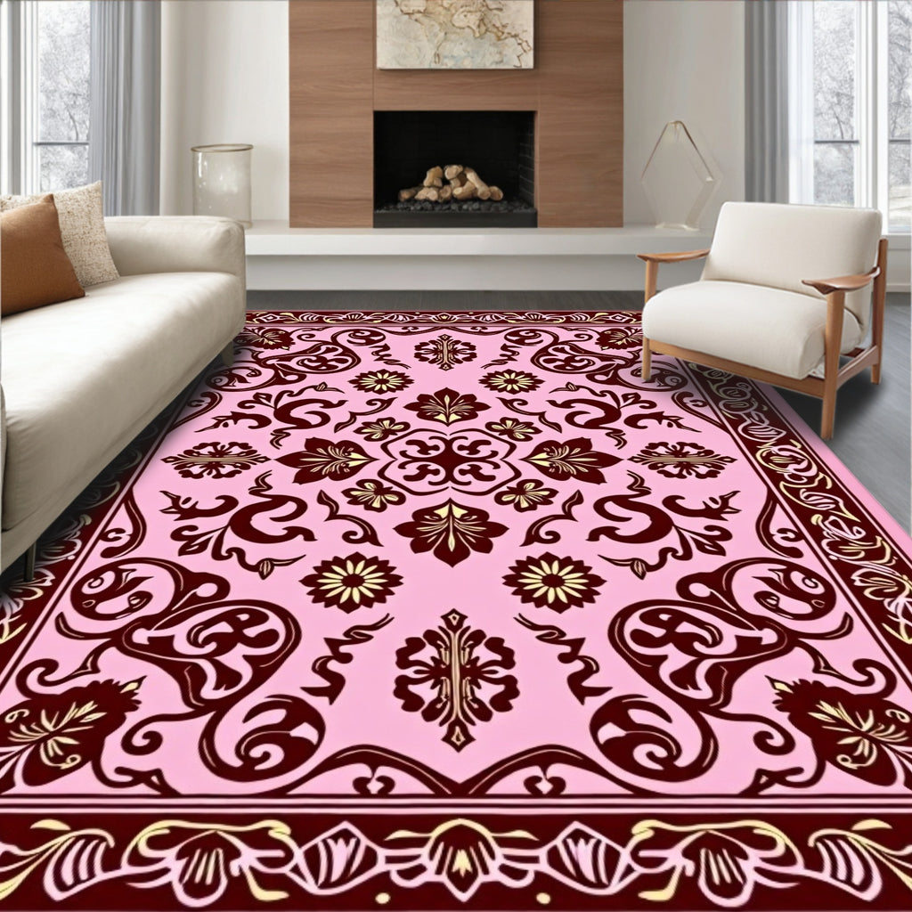 Pink and Burgundy Floral Scrollwork Rug