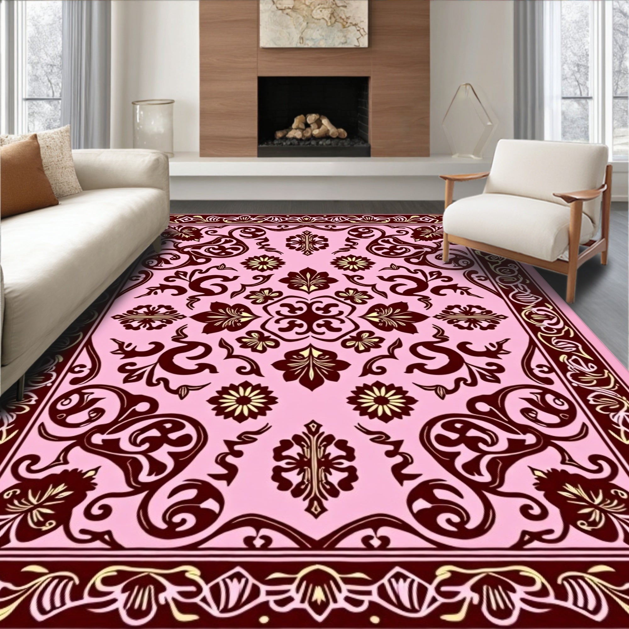 Pink and Burgundy Floral Scrollwork Rug