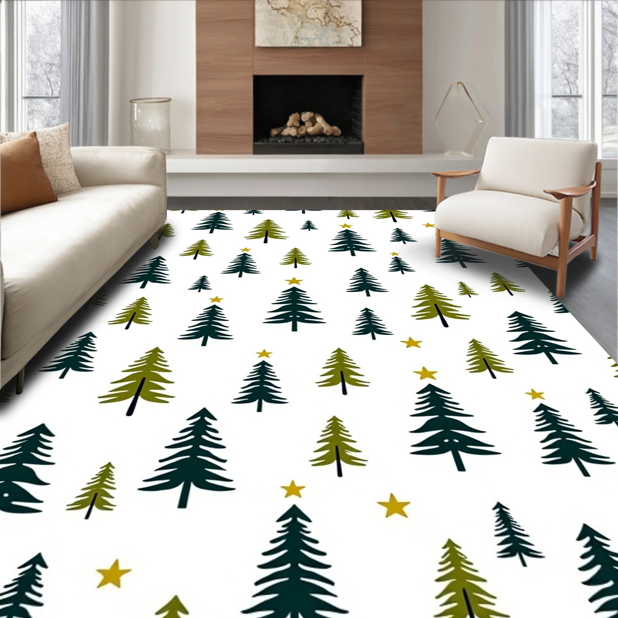 Evergreen Trees Gold Star Garland Rug