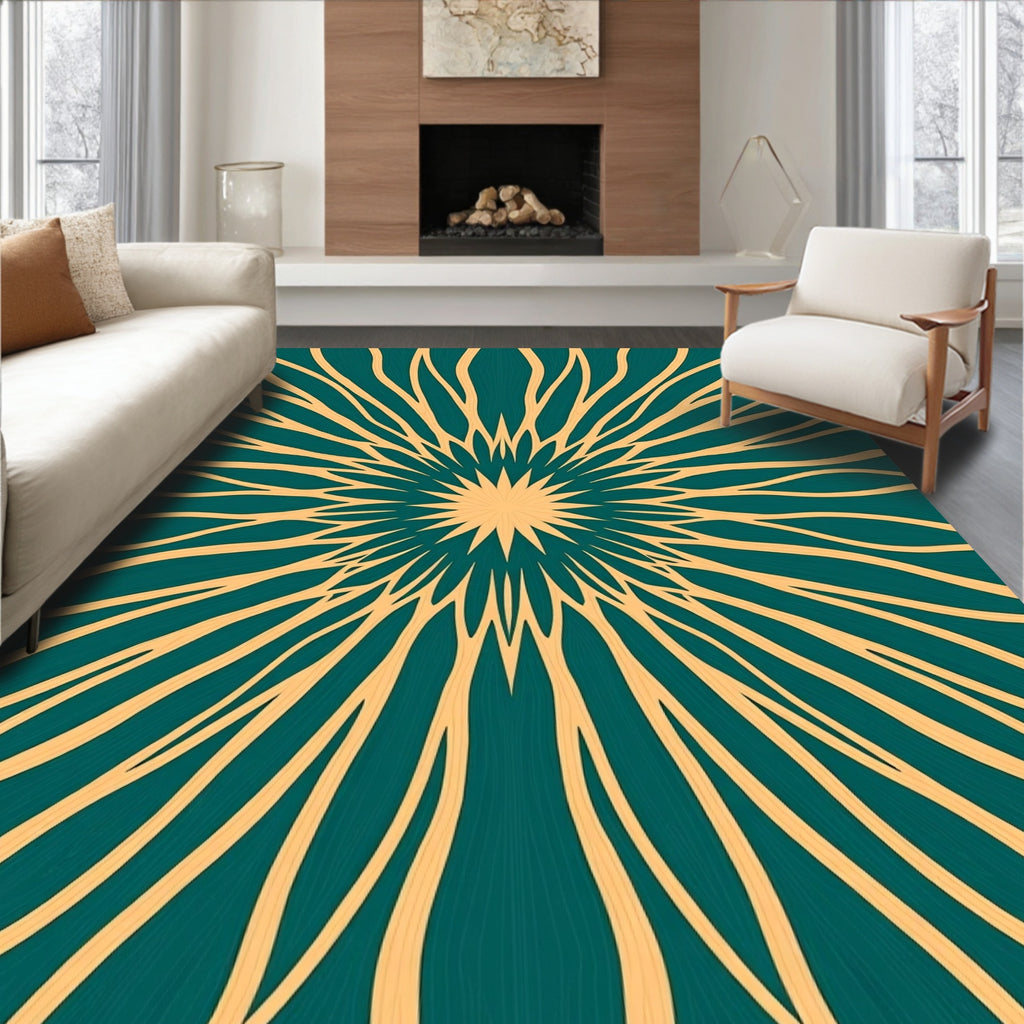 Teal and Gold Sunburst Radial Rug