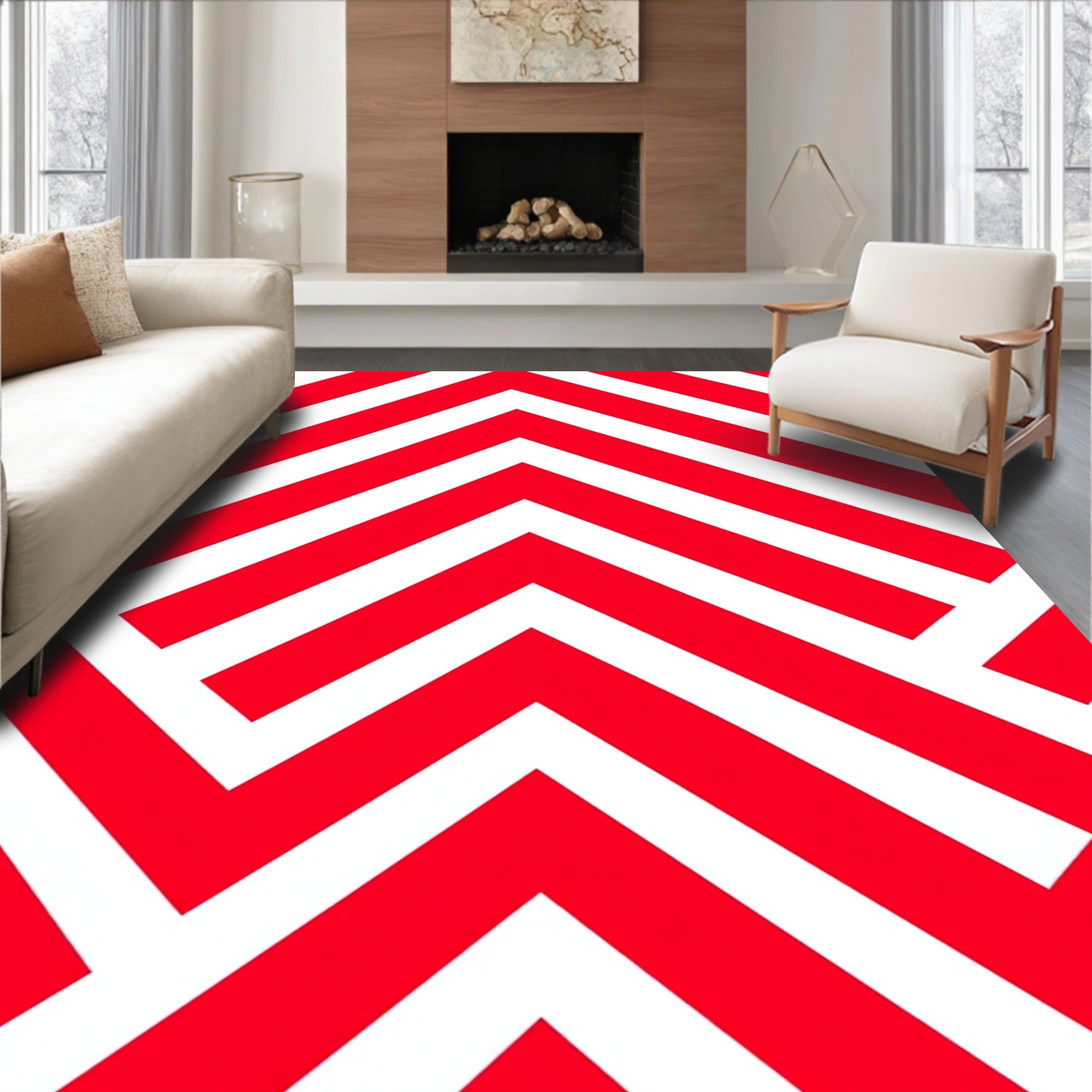 Sharp Red White Angled Chevron Rug