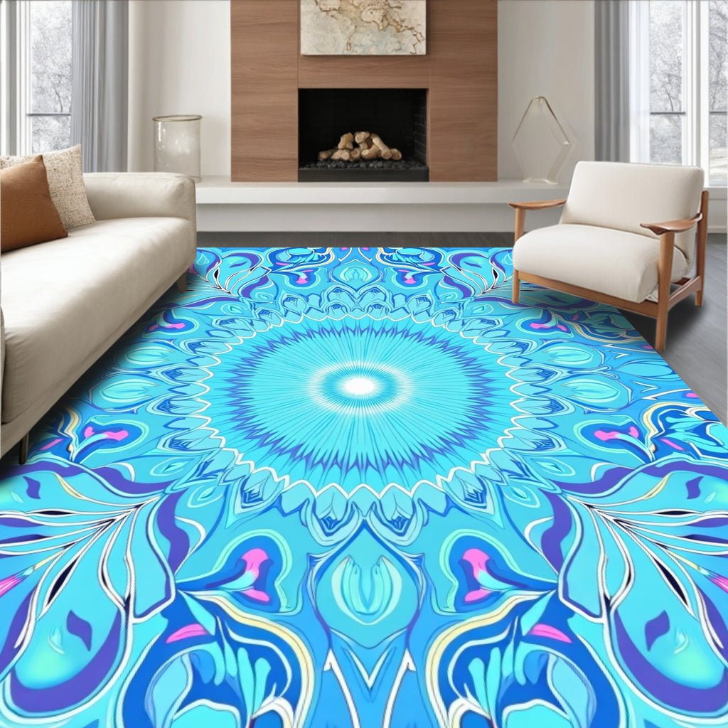 Radiant Aqua Floral Sunburst Mandala Rug