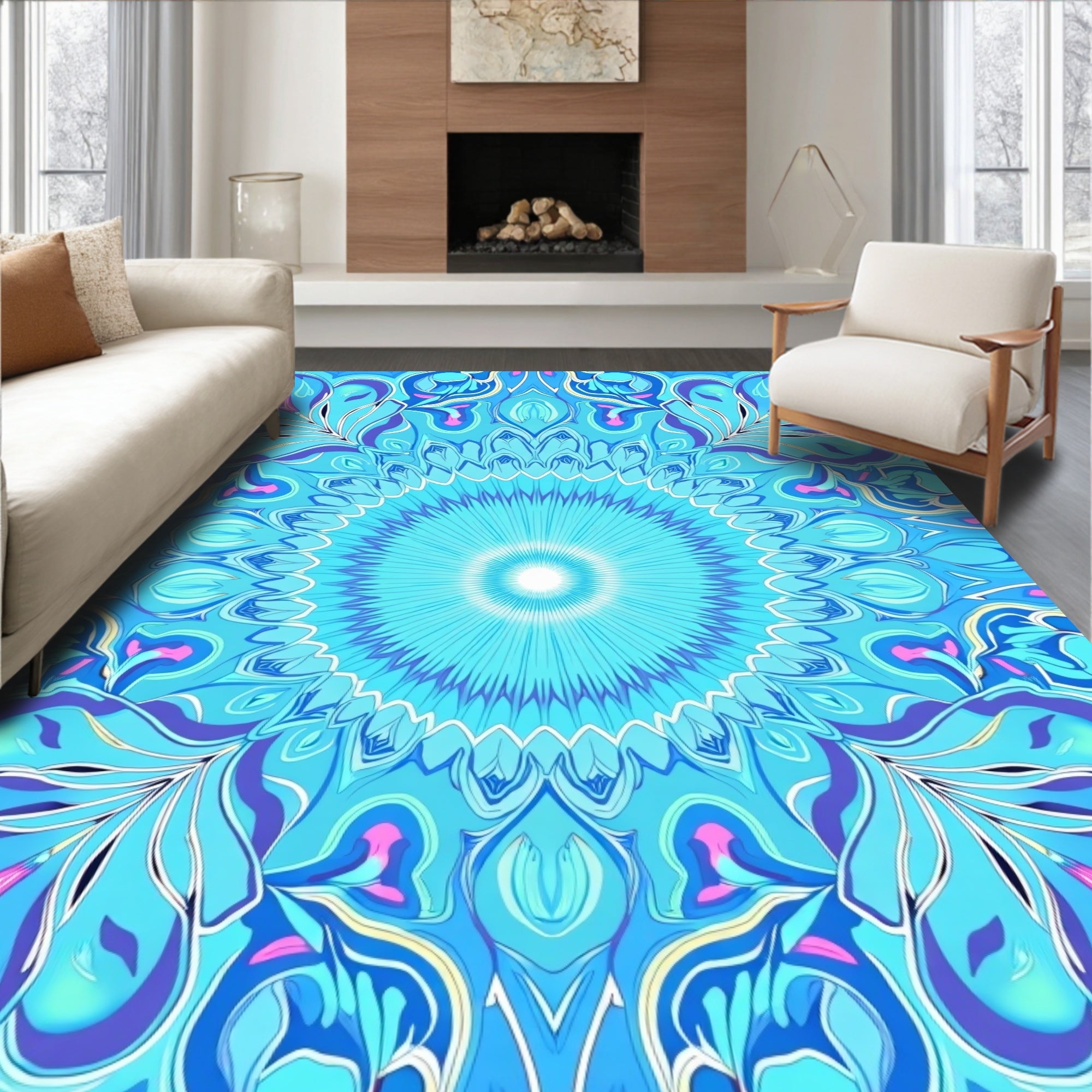 Radiant Aqua Floral Sunburst Mandala Rug