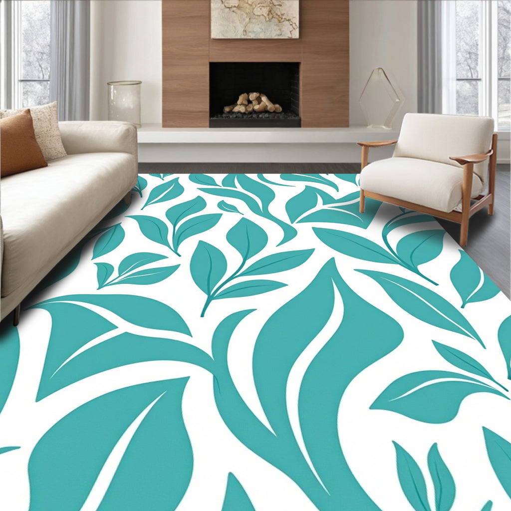 Lush Teal Leaves Abstract Foliage Rug