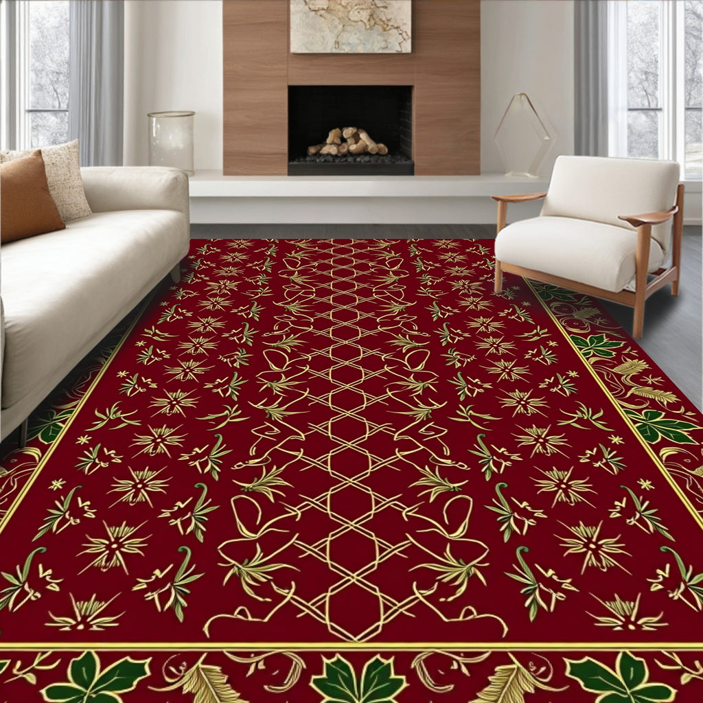 Crimson Gold Leaf Scroll Intertwined Vine Rug