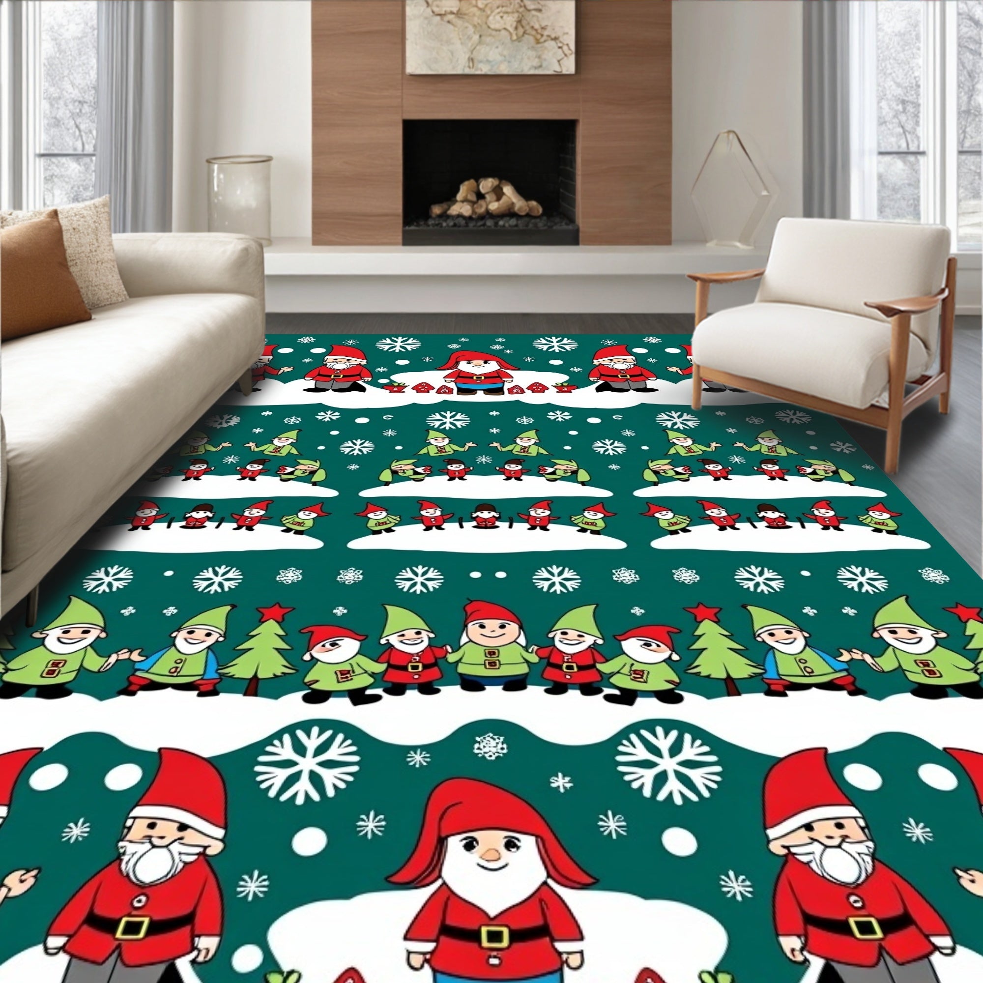 Whimsical Gnomes Christmas Snowflakes Holiday Rug