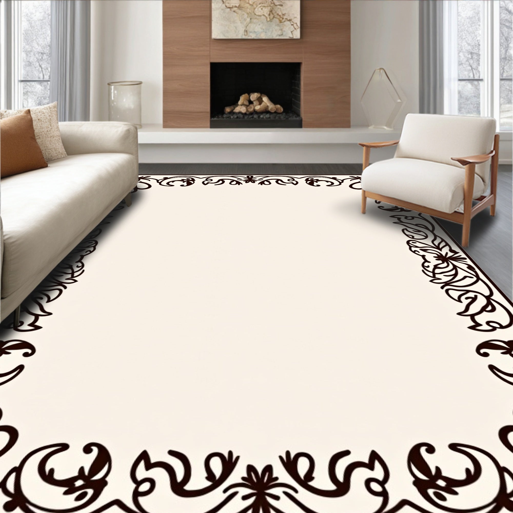 Dark Brown Floral Acanthus Vine Border Rug