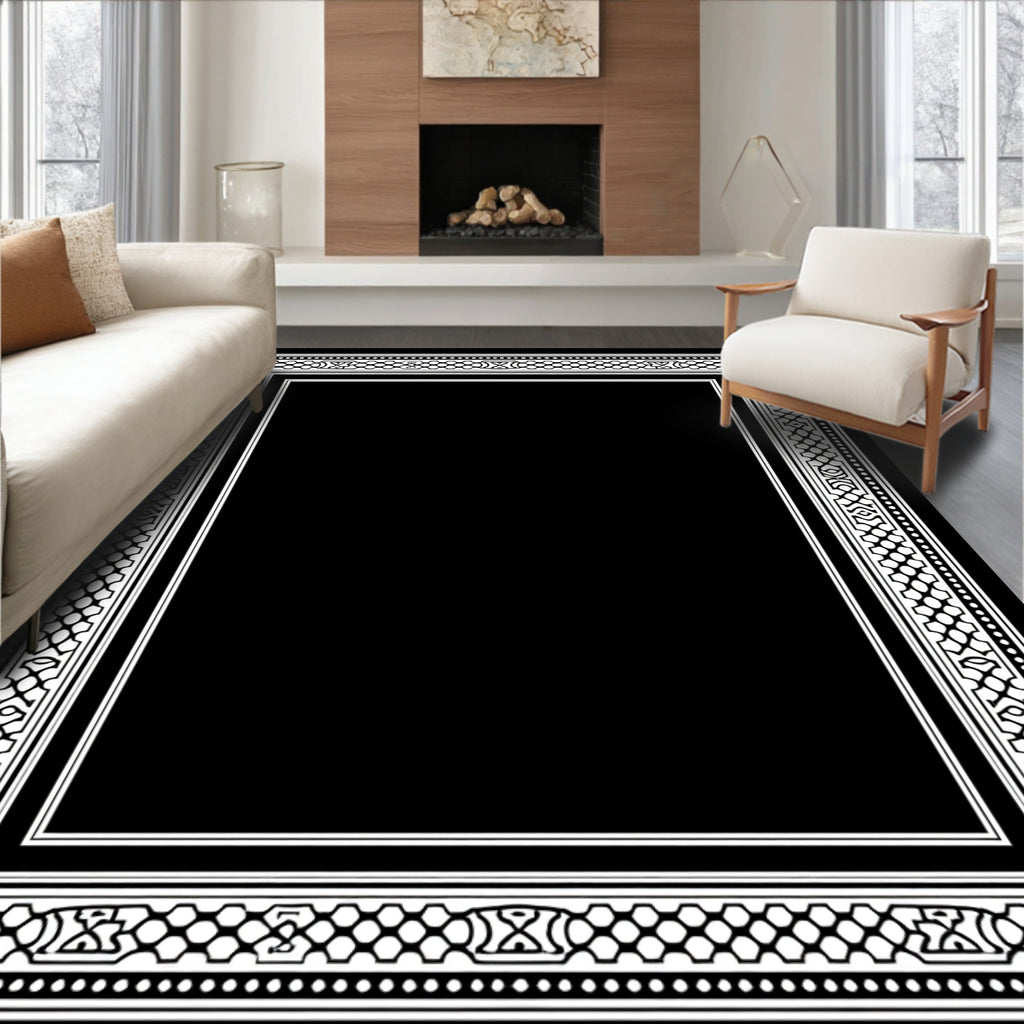 Classic Black White Geometric Border Rug