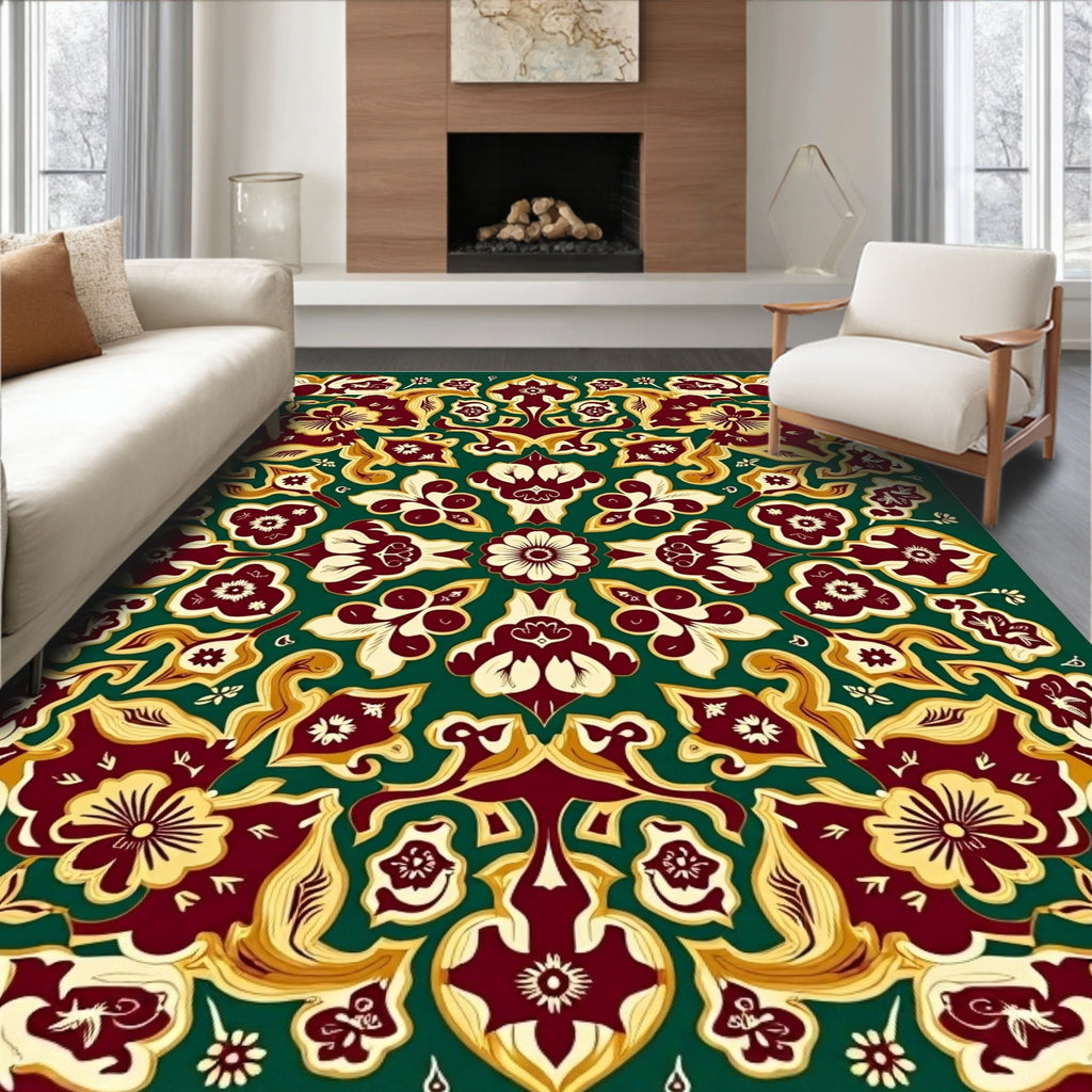 Rich Maroon Floral Arabesque Ensemble Rug