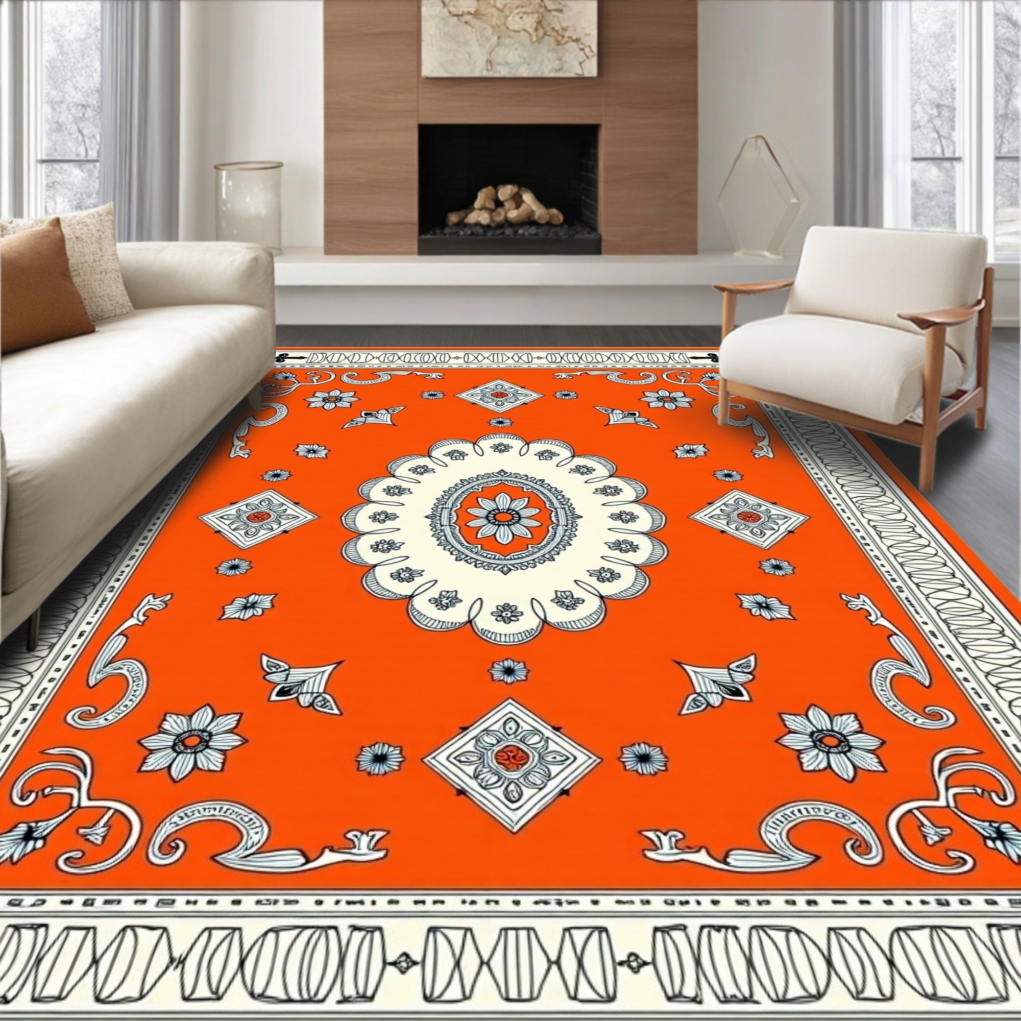 Orange Floral Diamond Medallion Rug