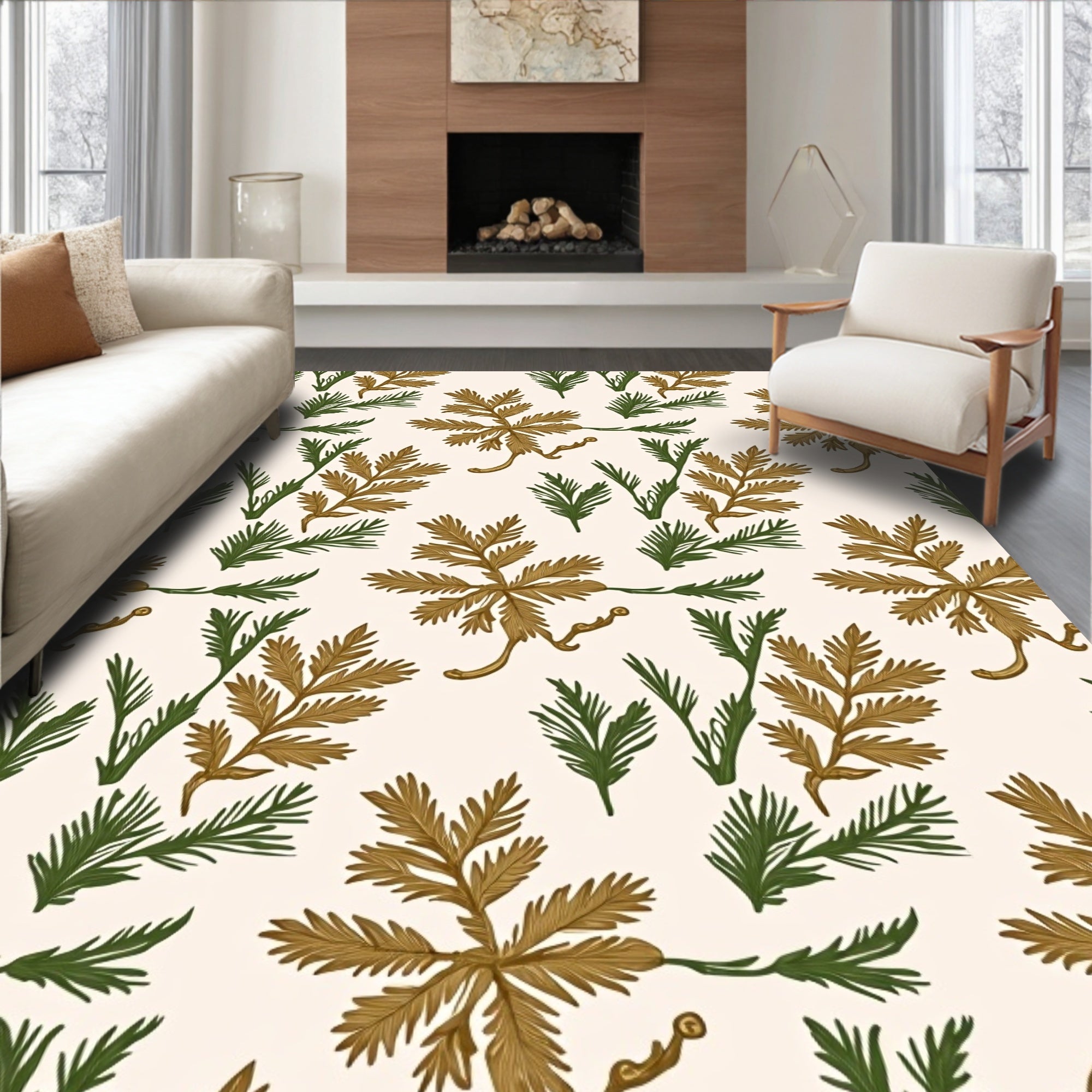Golden Brown Green Foliage Botanical Rug