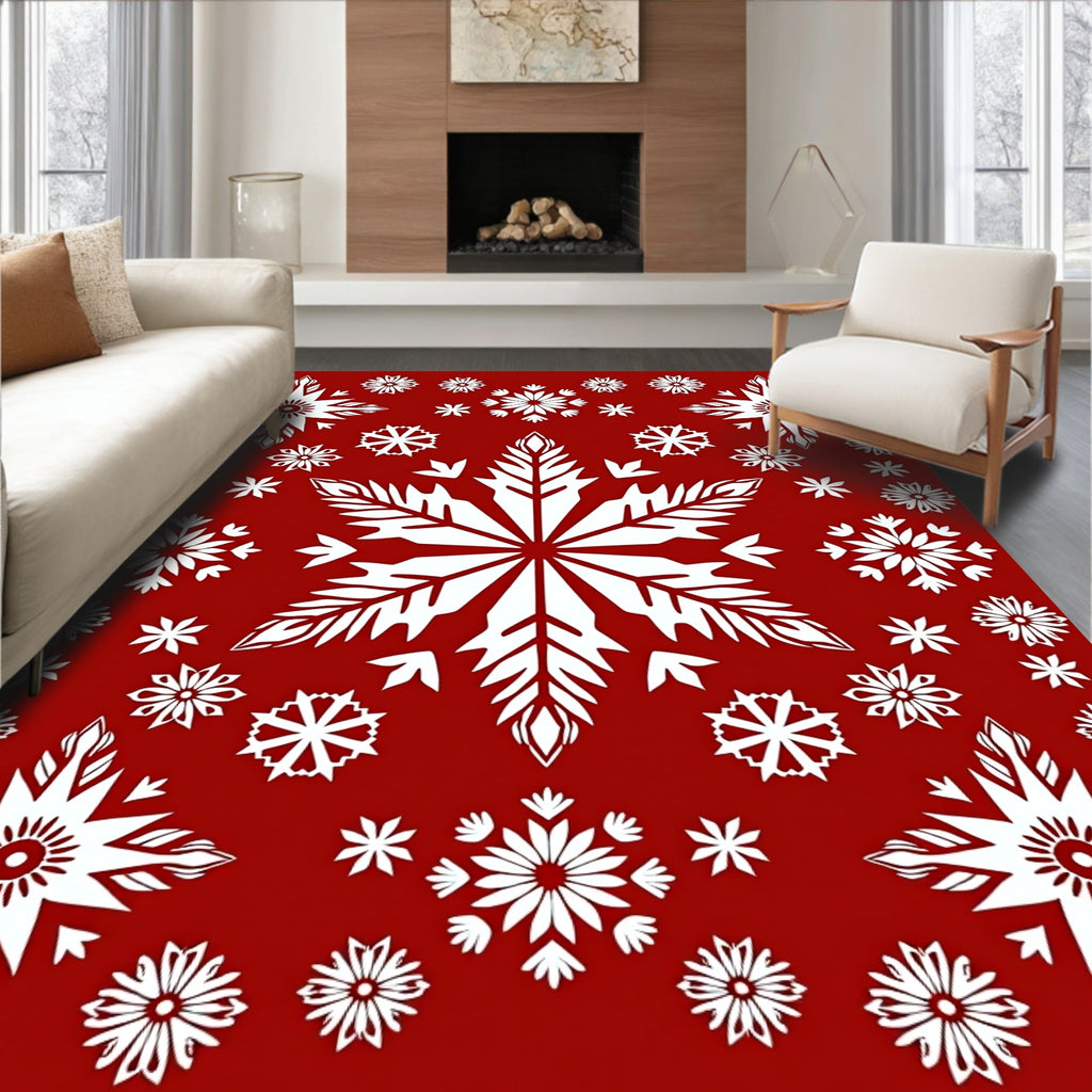 Crisp Red White Snowflake Collage Rug