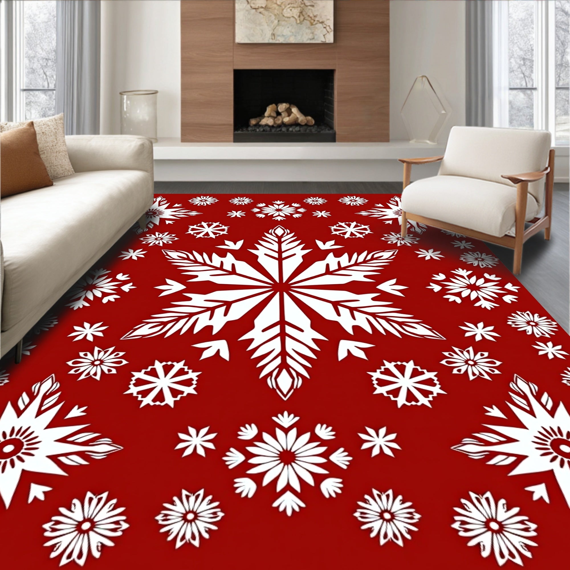 Crisp Red White Snowflake Collage Rug
