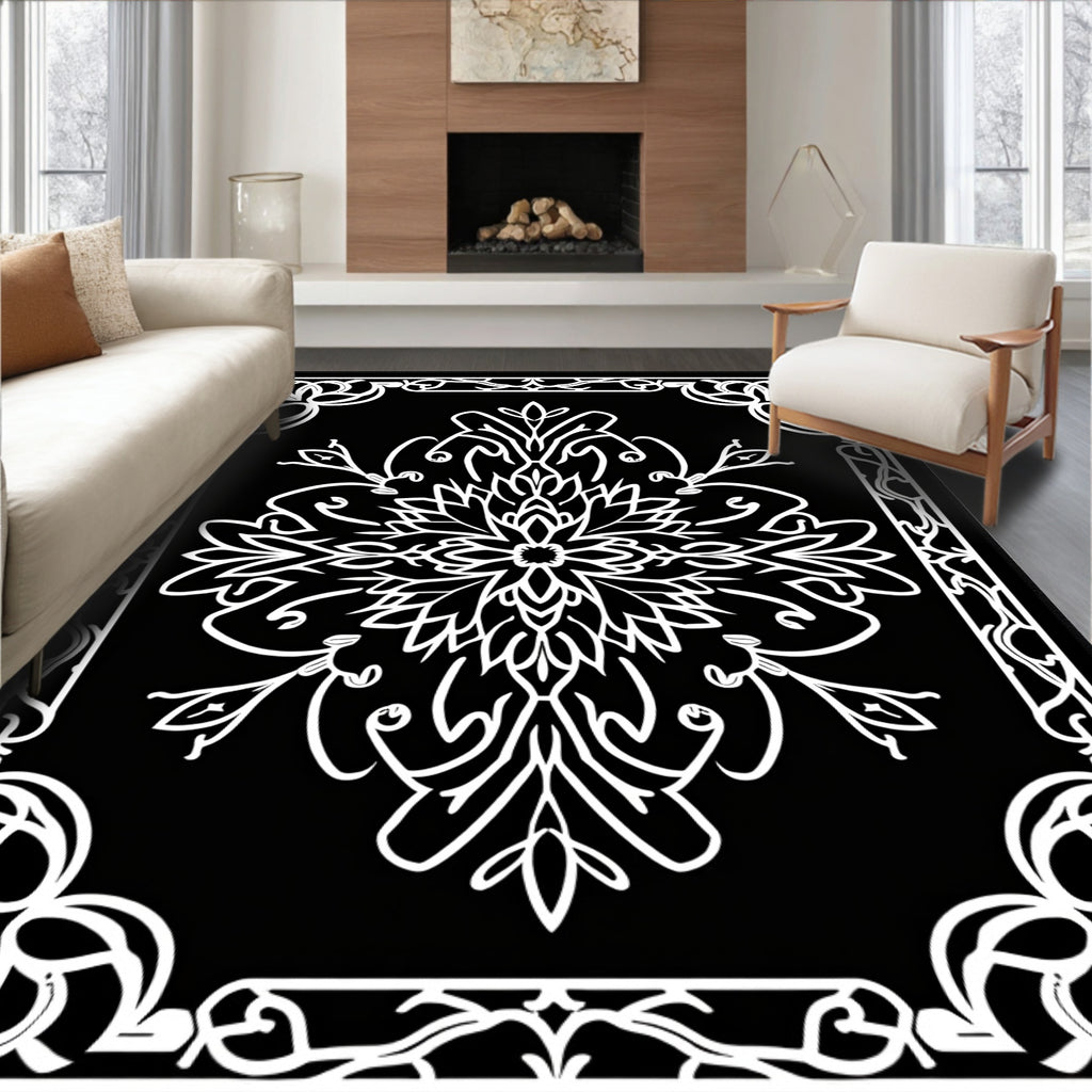 Black White Floral Medallion Corners Rug