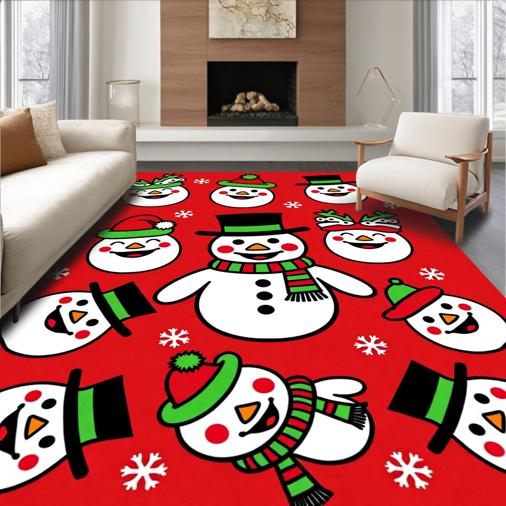 Festive Snowman Red Christmas Snowflakes Rug