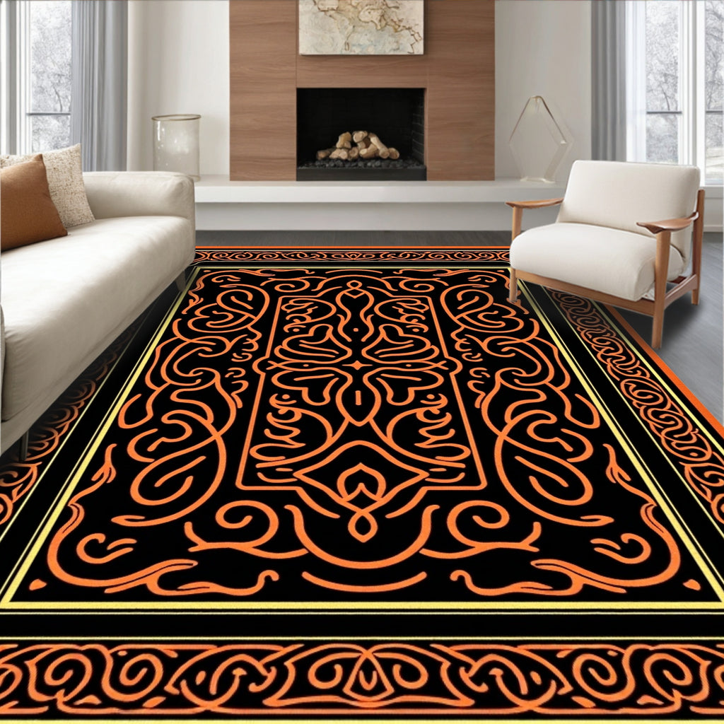 Black Orange Intricate Scrollwork Frame Rug