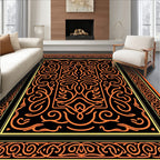 Black Orange Intricate Scrollwork Frame Rug
