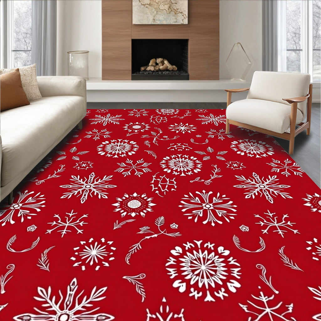 Crimson Snowflake Collage Winter Scene Rug