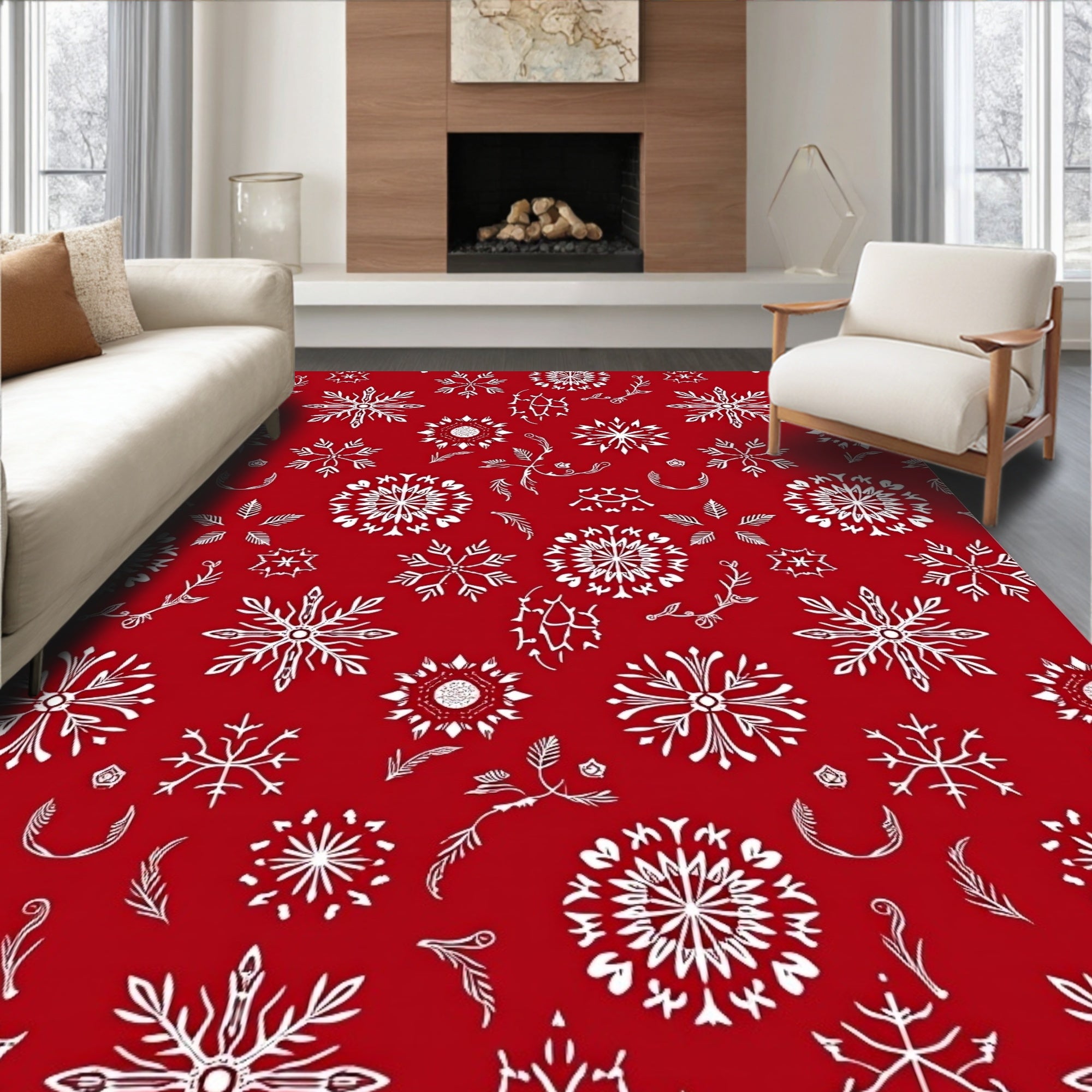 Crimson Snowflake Collage Winter Scene Rug