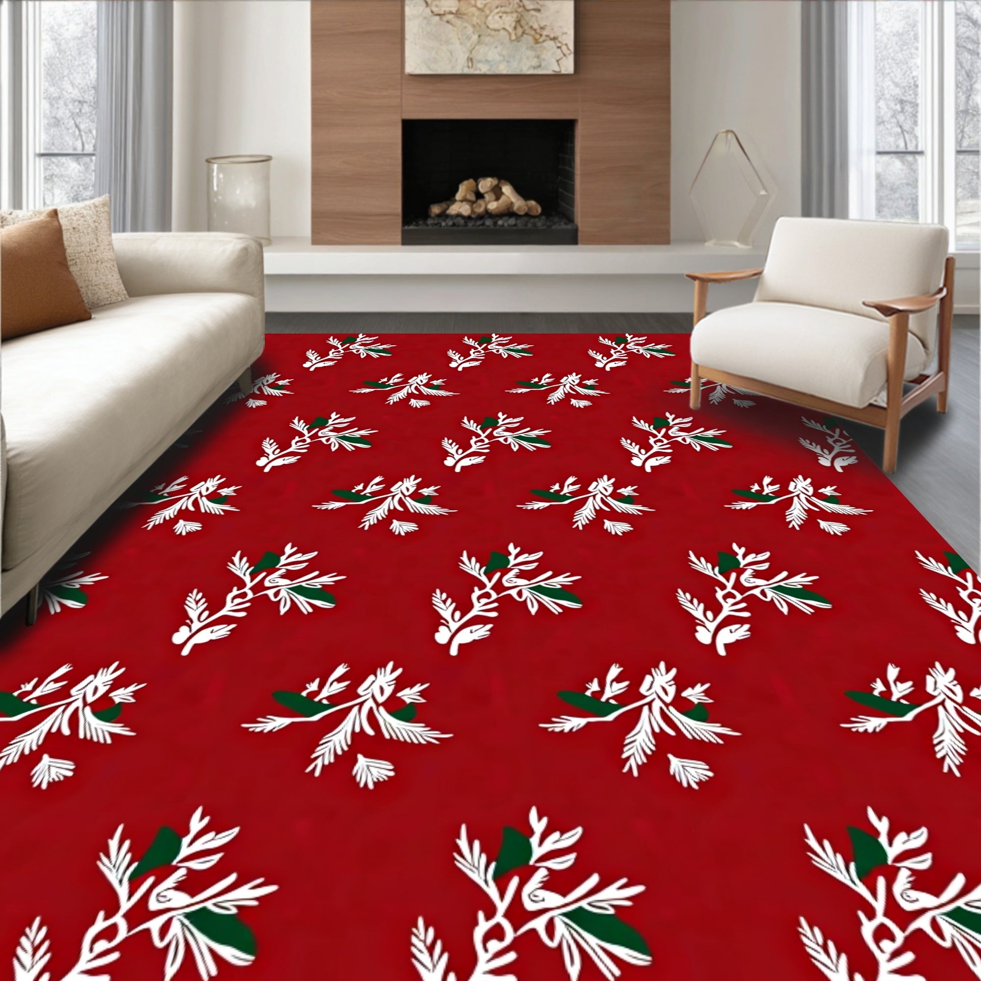 Crimson White Green Branch Repeat Rug