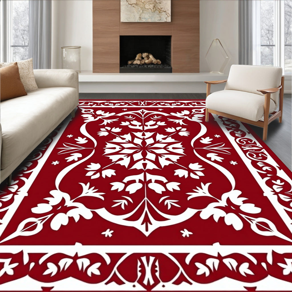 Crimson White Floral Medallion Border Rug