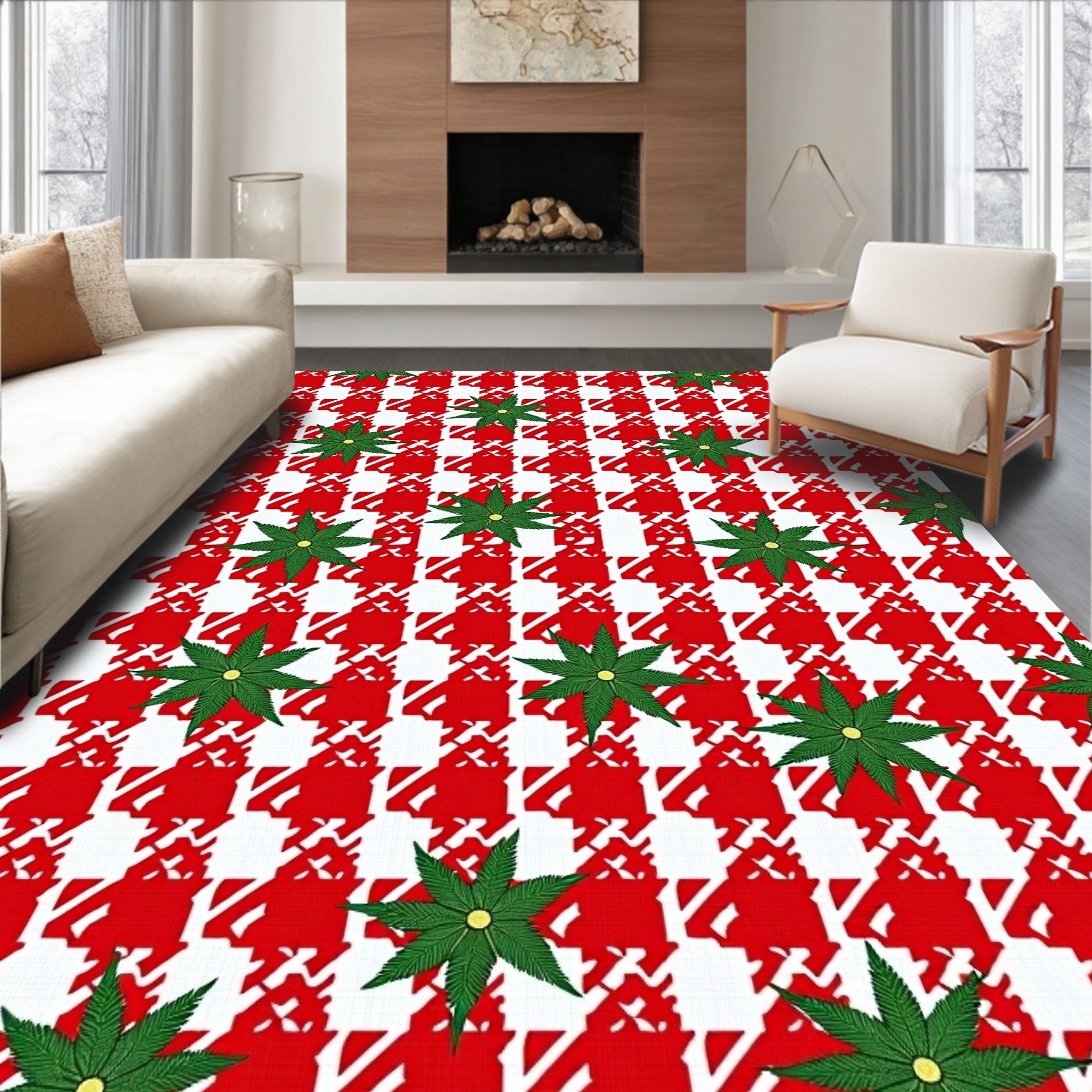 Red White Houndstooth Green Starburst Rug