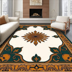 Ornate Teal Gold Sunburst Medallion Rug