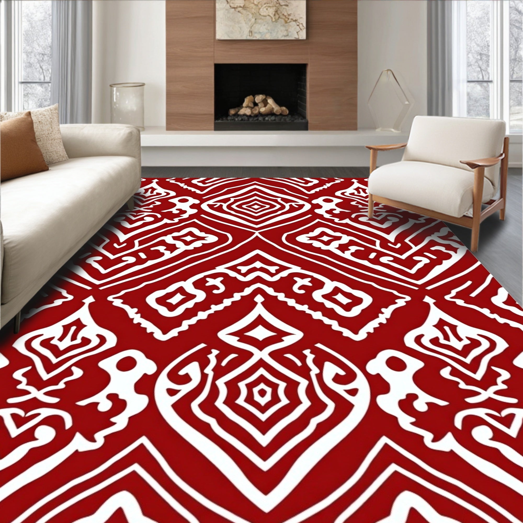 Crimson White Damask Medallion Rug