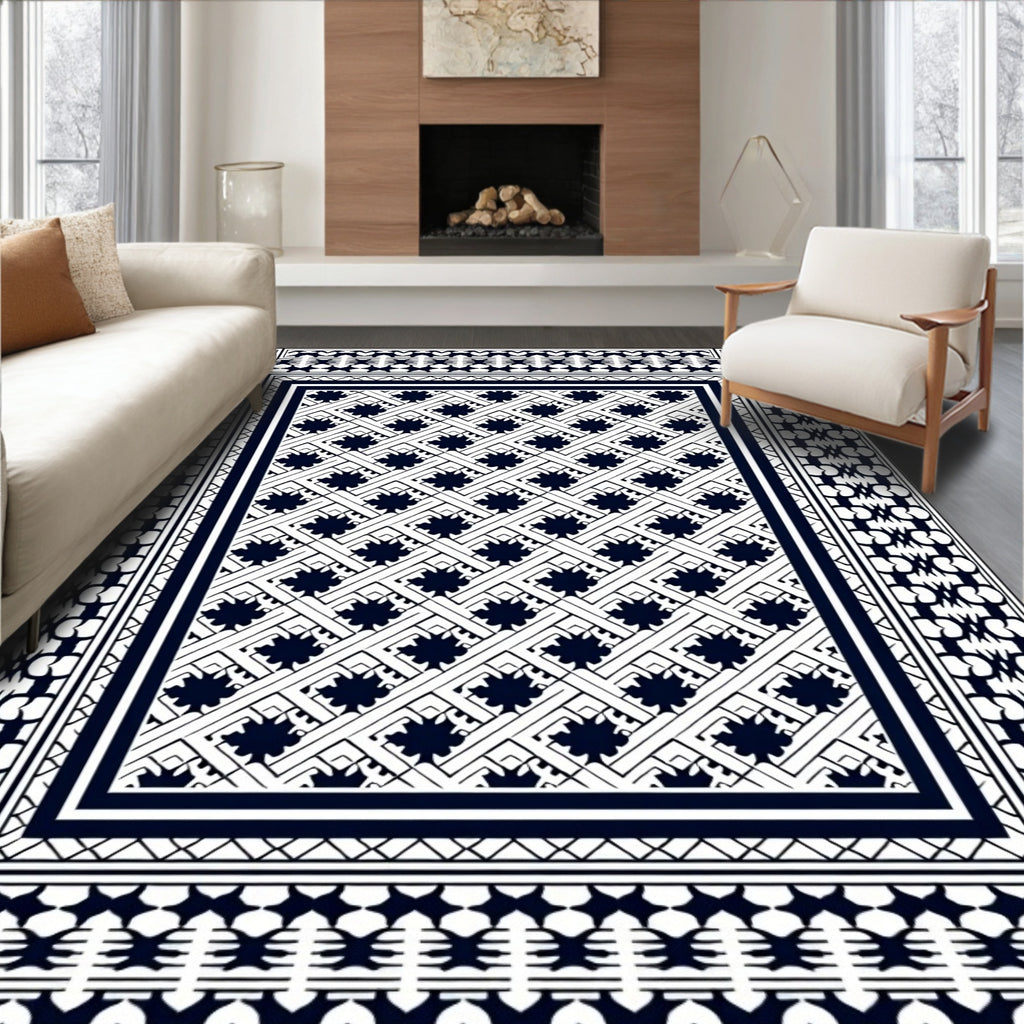 Navy White Interlocking Leaf Border Rug