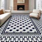 Navy White Interlocking Leaf Border Rug