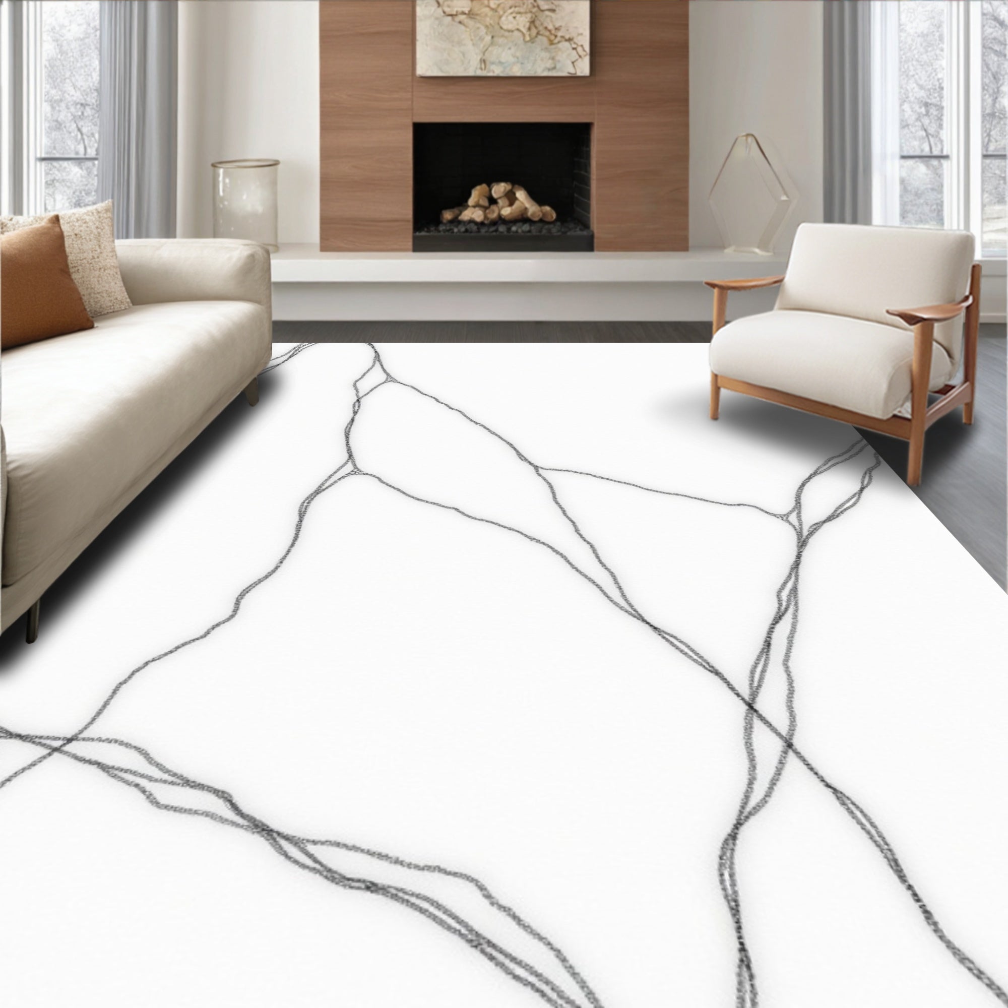 Minimalist White Abstract Vein Rug