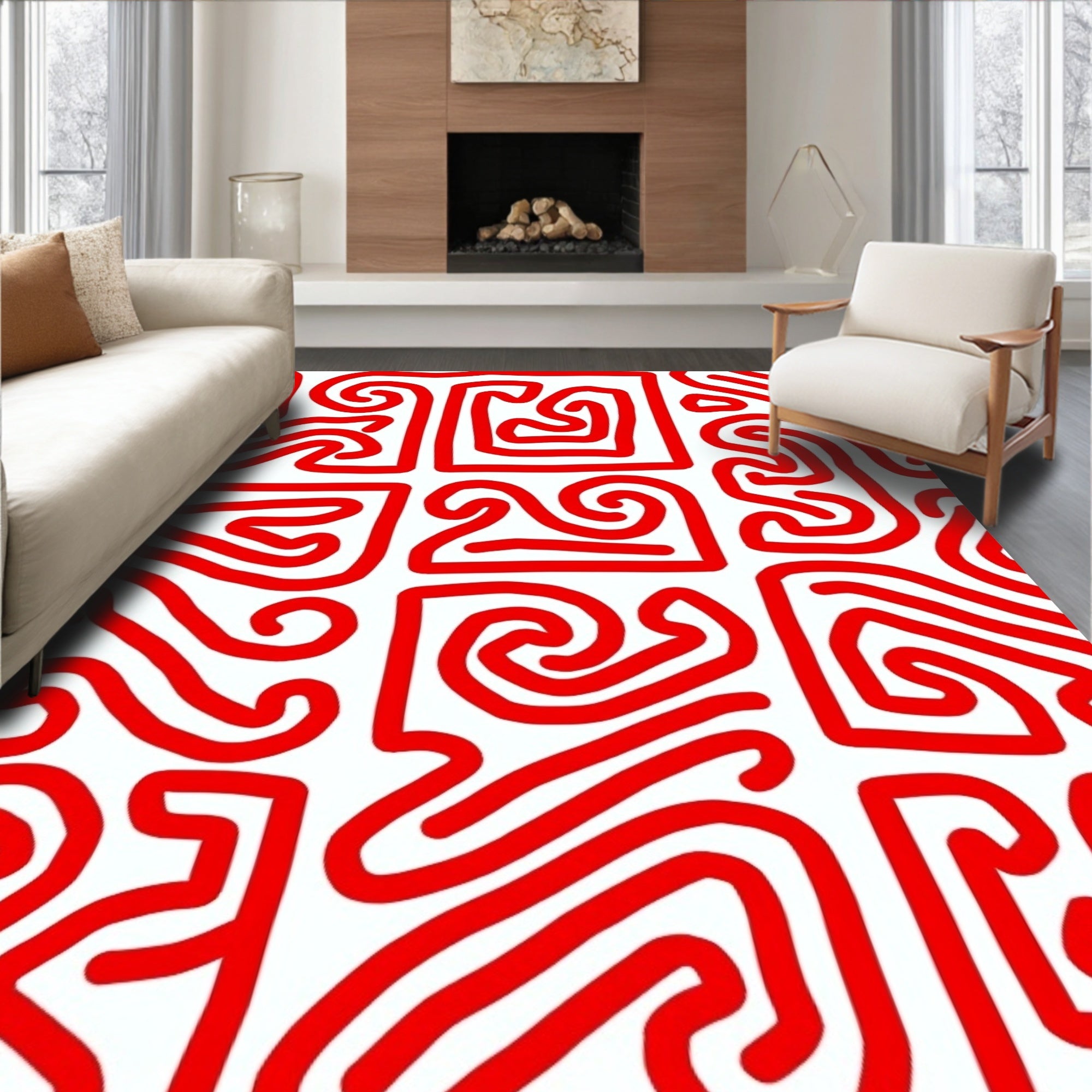Bold Red Maze Linework Rug